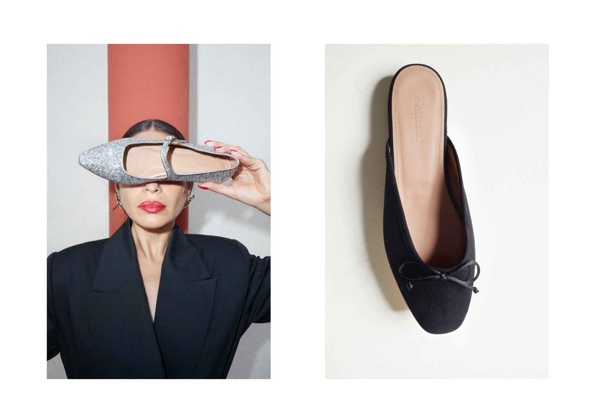 Two images. One with a woman holding a shoe in front of her eyes and one with a black ballerina shoe on a white surface.