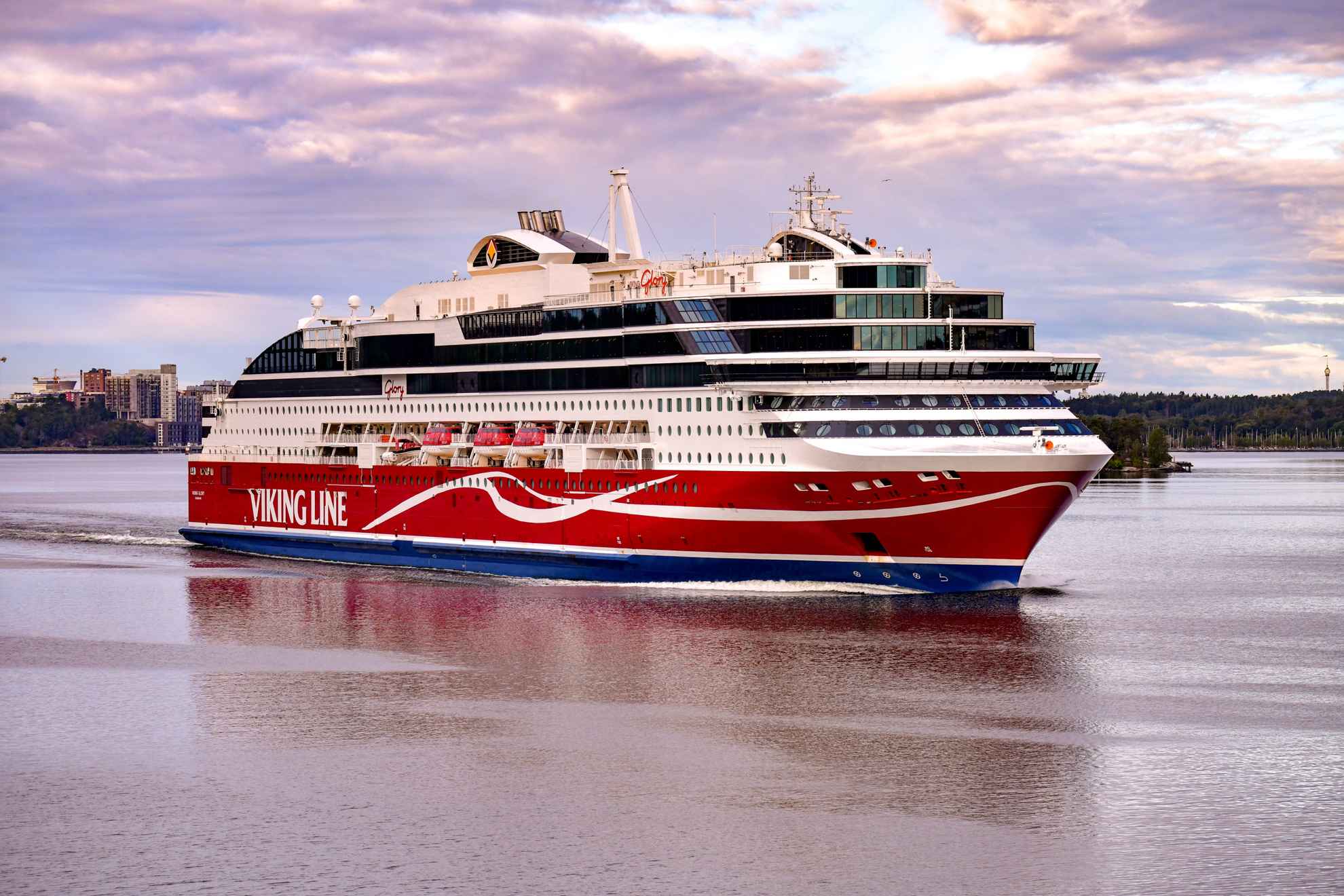 Viking Line cruise ship at dusk.