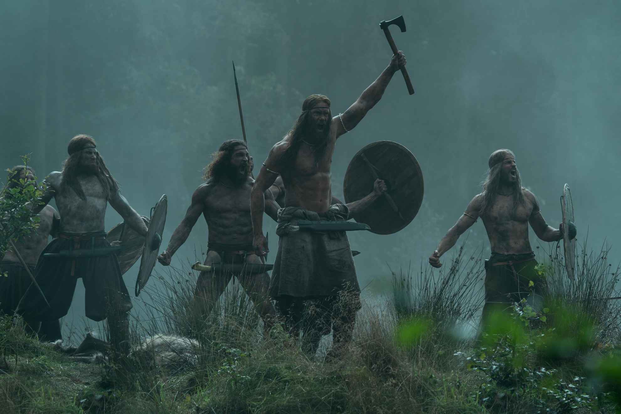 Vikings preparing for battle. An image from the movie The Northman.