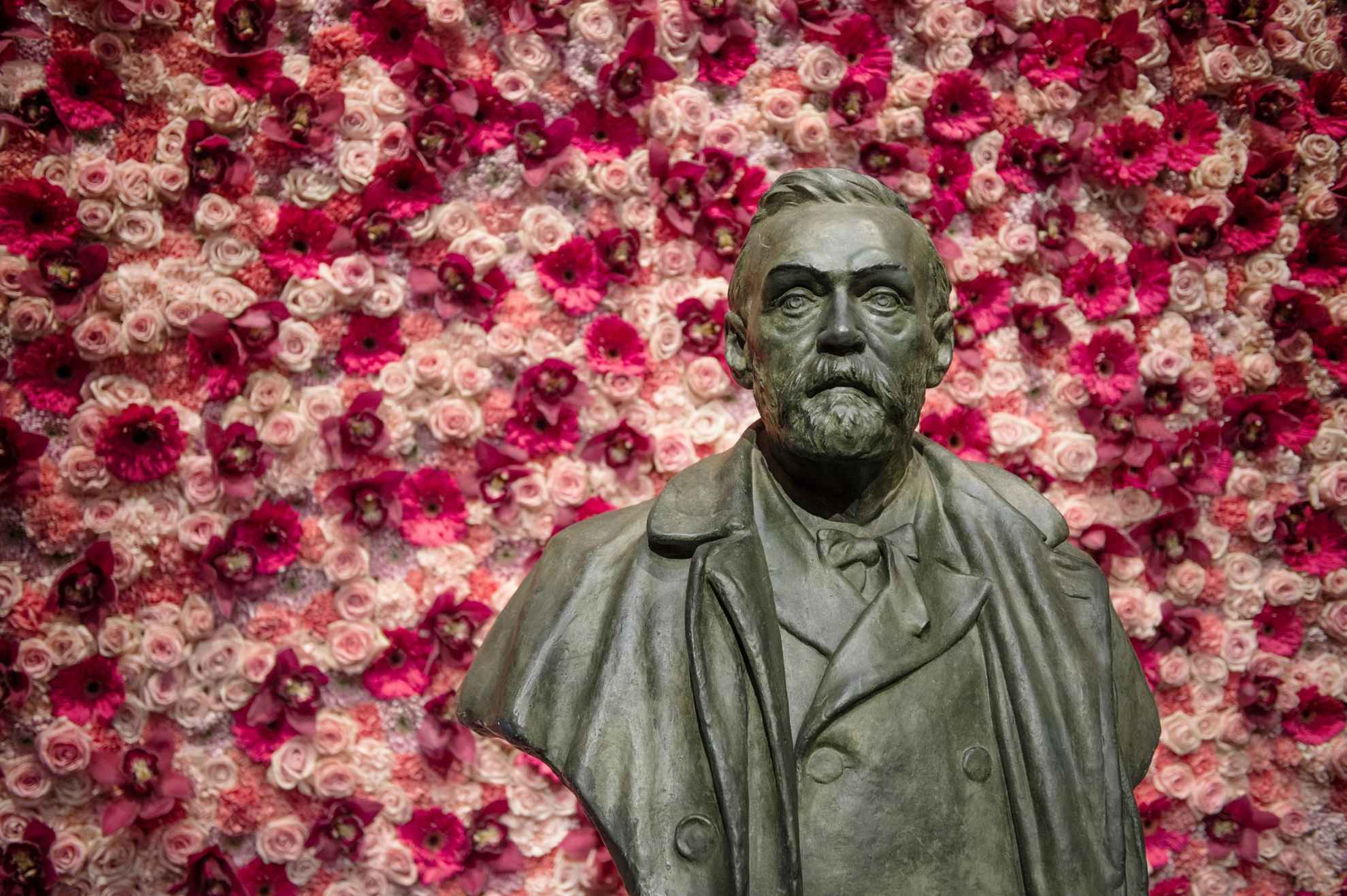 A statue of Alfred Nobel in front of a wall decorated by pink and white flowers.
