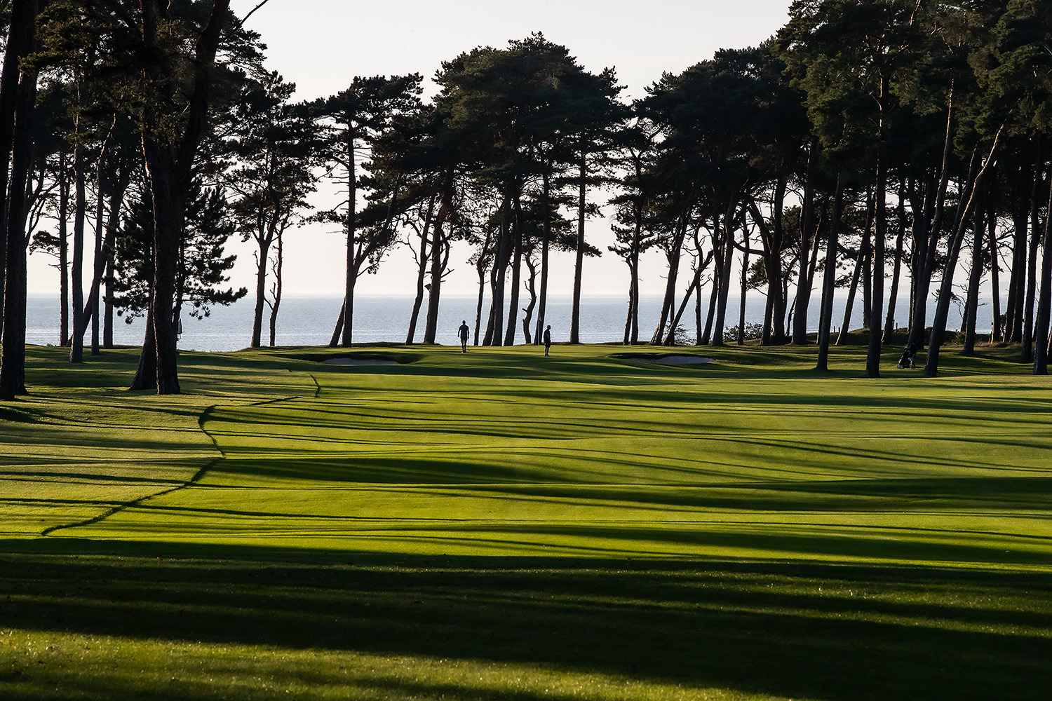 Golf course with lush green fairways, two players surrounded by trees, with the sea in the background.
