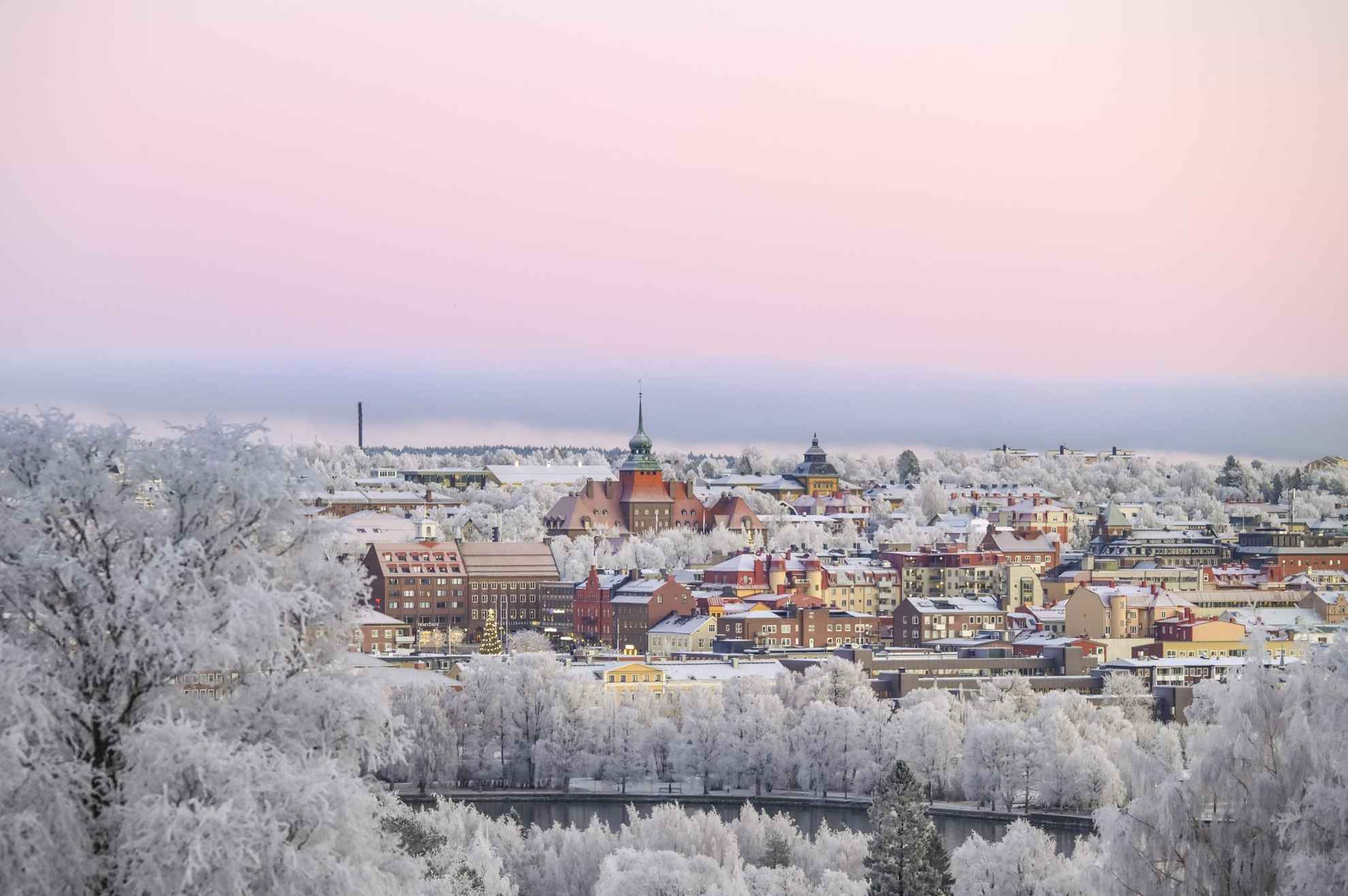 A snow-covered city during winter.