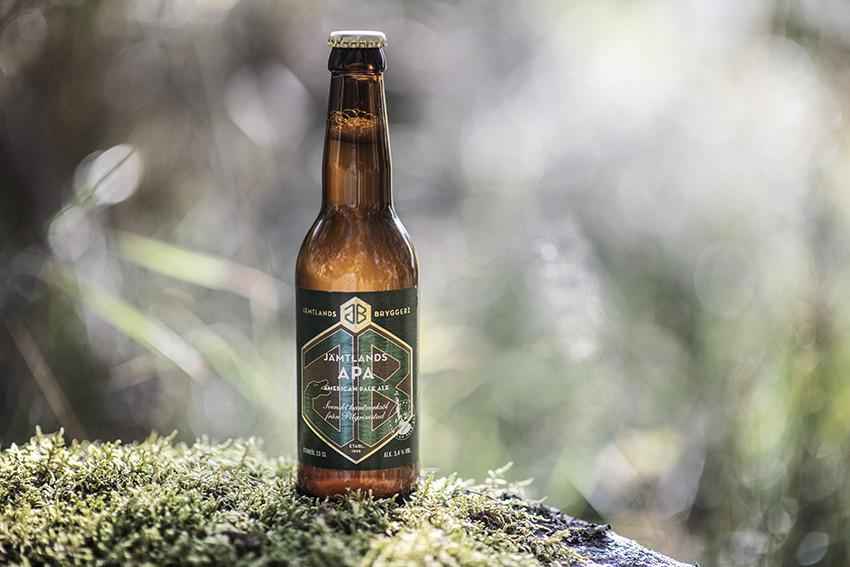 A glass bottle of beer stands on moss.