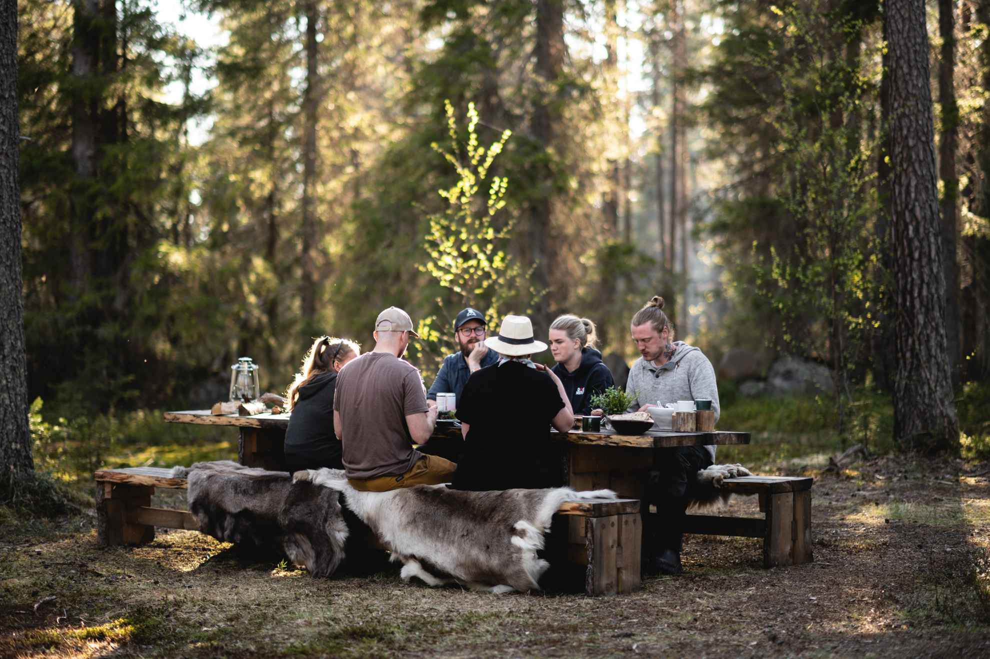 Six persons sitting at a wooden table in a forest. They are sitting on benches with sheep hides. The sun shines through the trees.