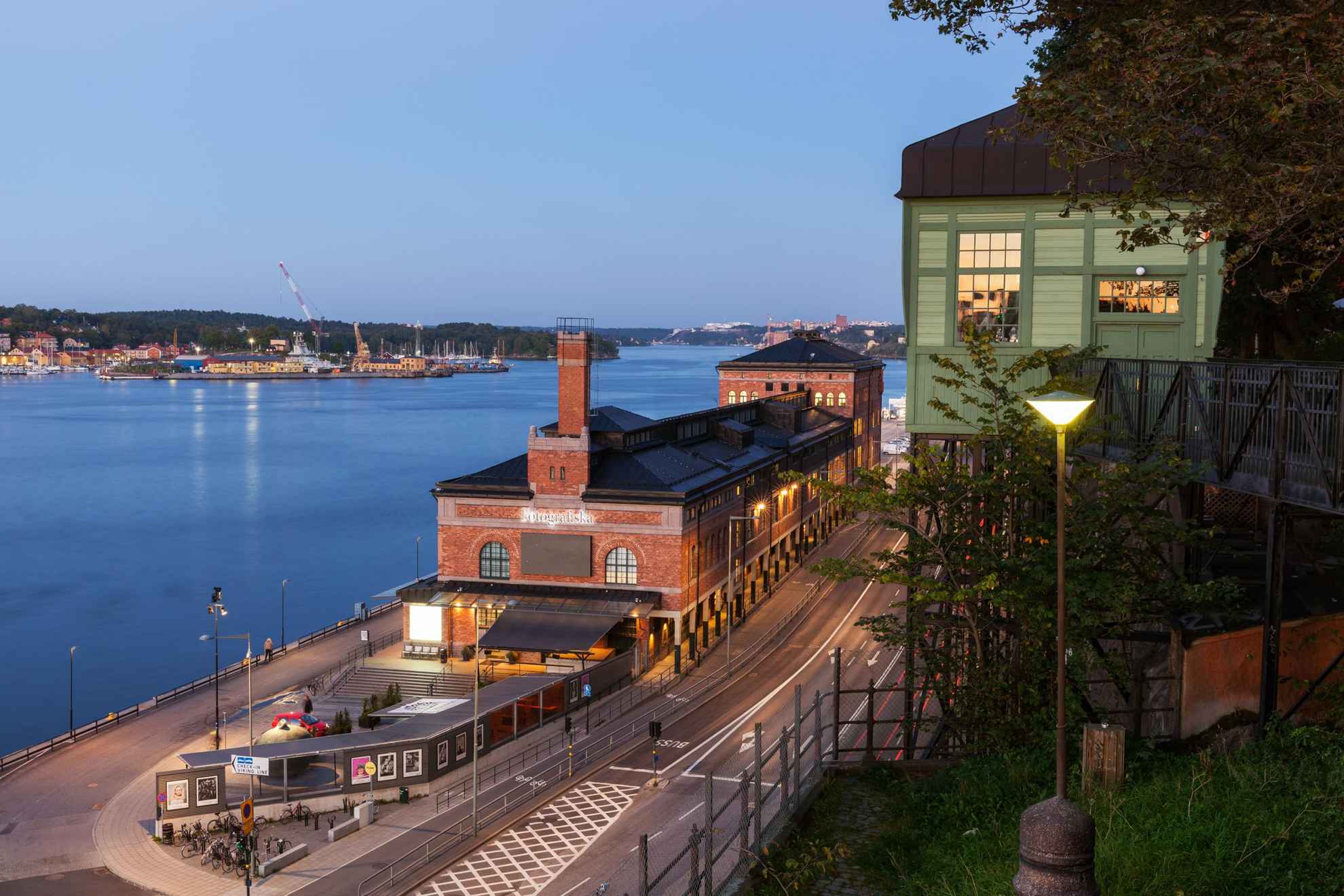 The museum Fotografiska, seen from the hill above. The sea and parts of Stockholm in the background.