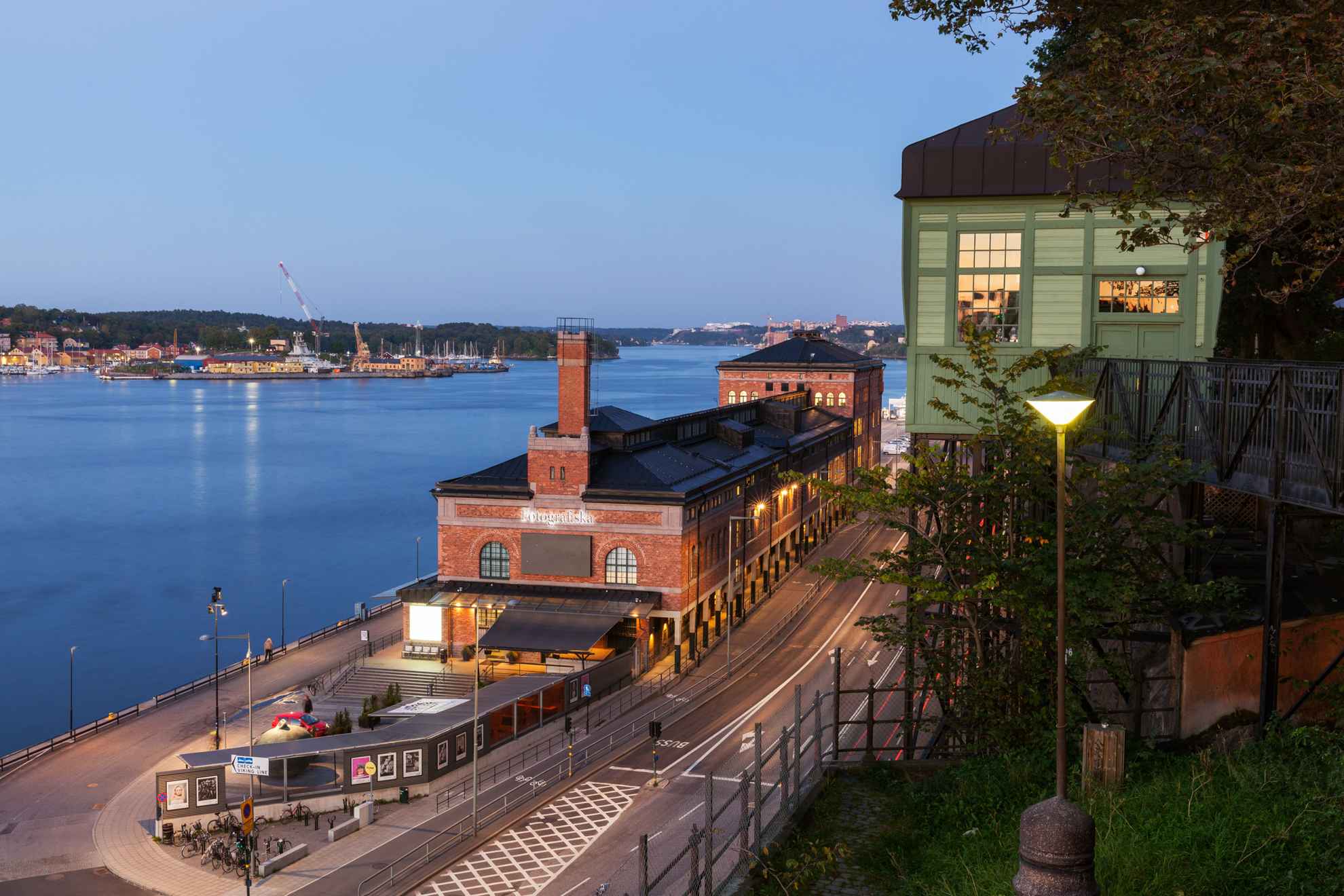 The museum Fotografiska, seen from the hill above. The sea and parts of Stockholm in the background.
