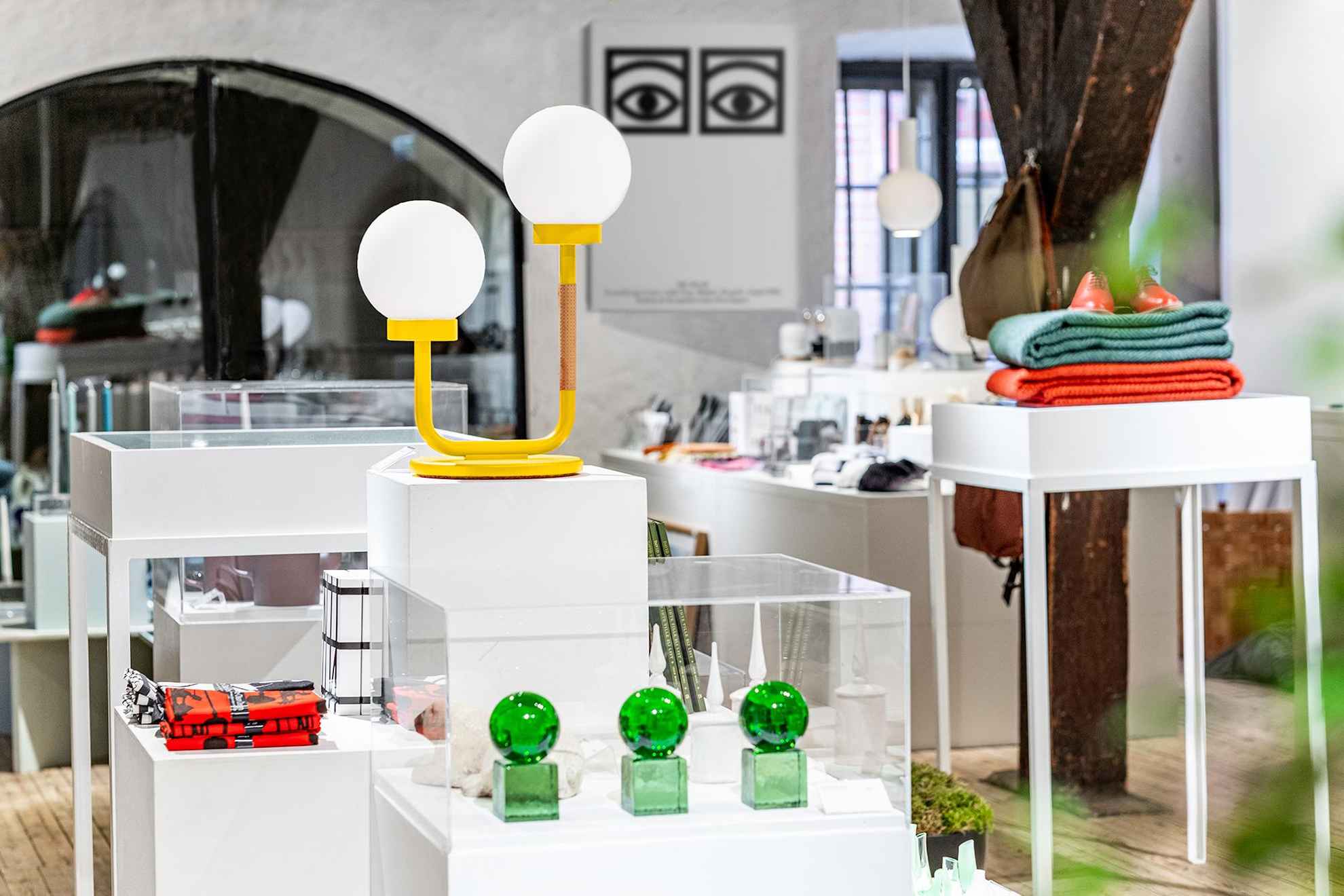 The shop of Form/Design center. Plenty of design objects on display, such as lamps, glass art and other items.