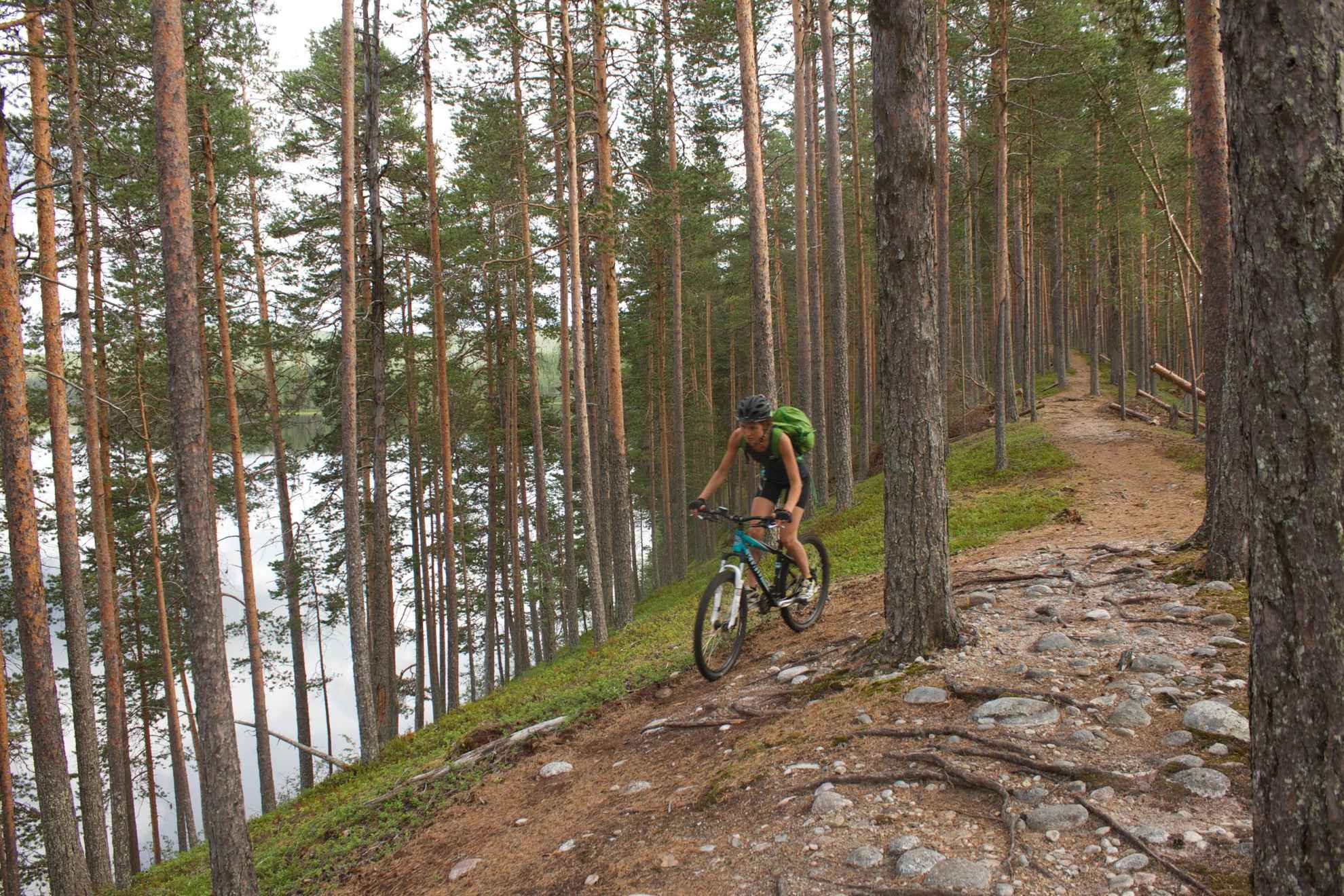 A woman with a backpack is biking in a pine forest. You see a lake between the trees.