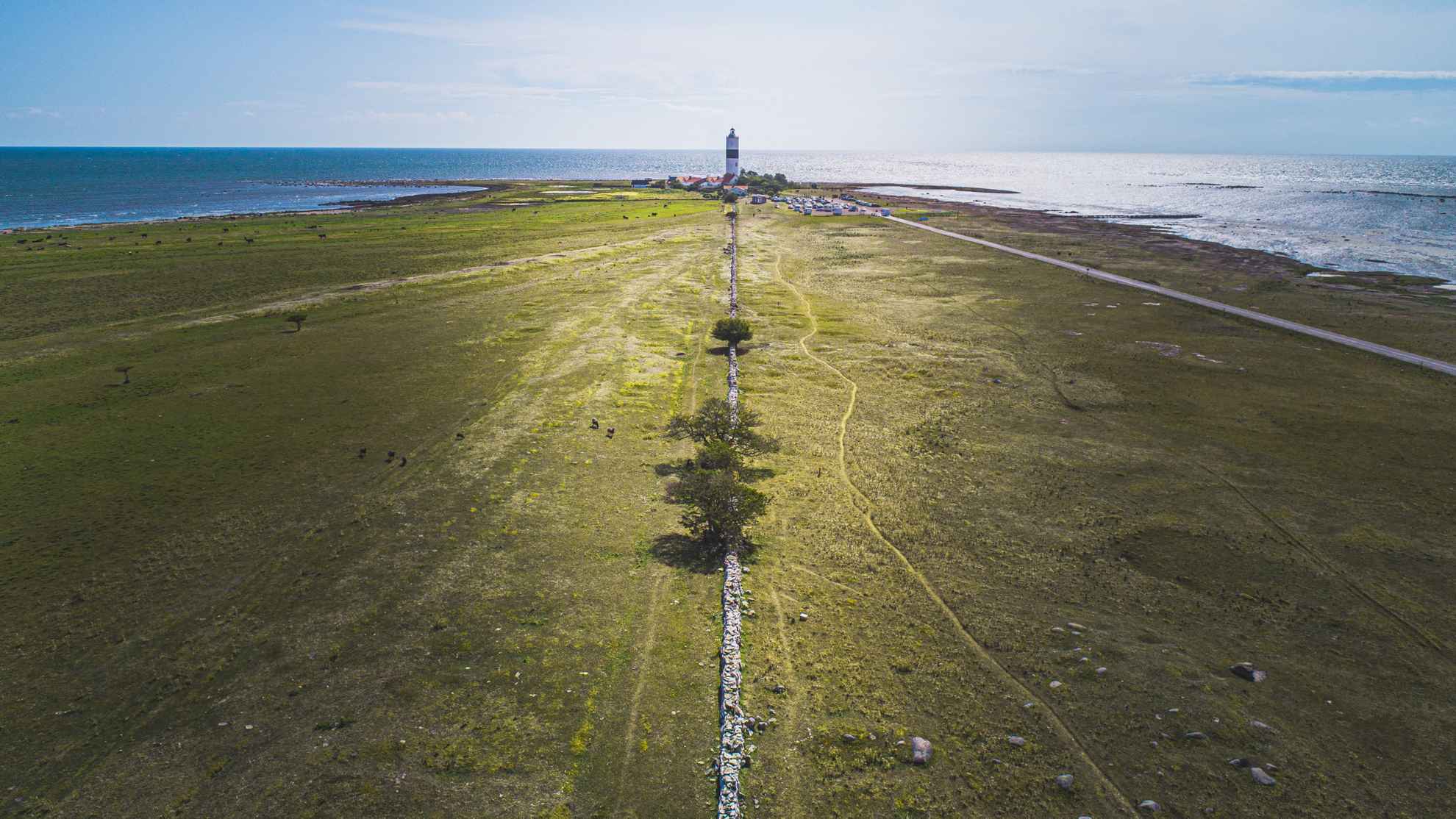 Aerial view over Öland's southern tip with the lighthouse Långe Jan