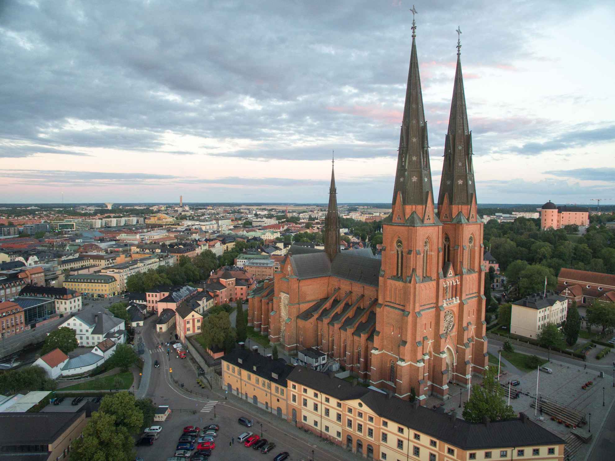 Uppsala Cathedral and the city seen from above.