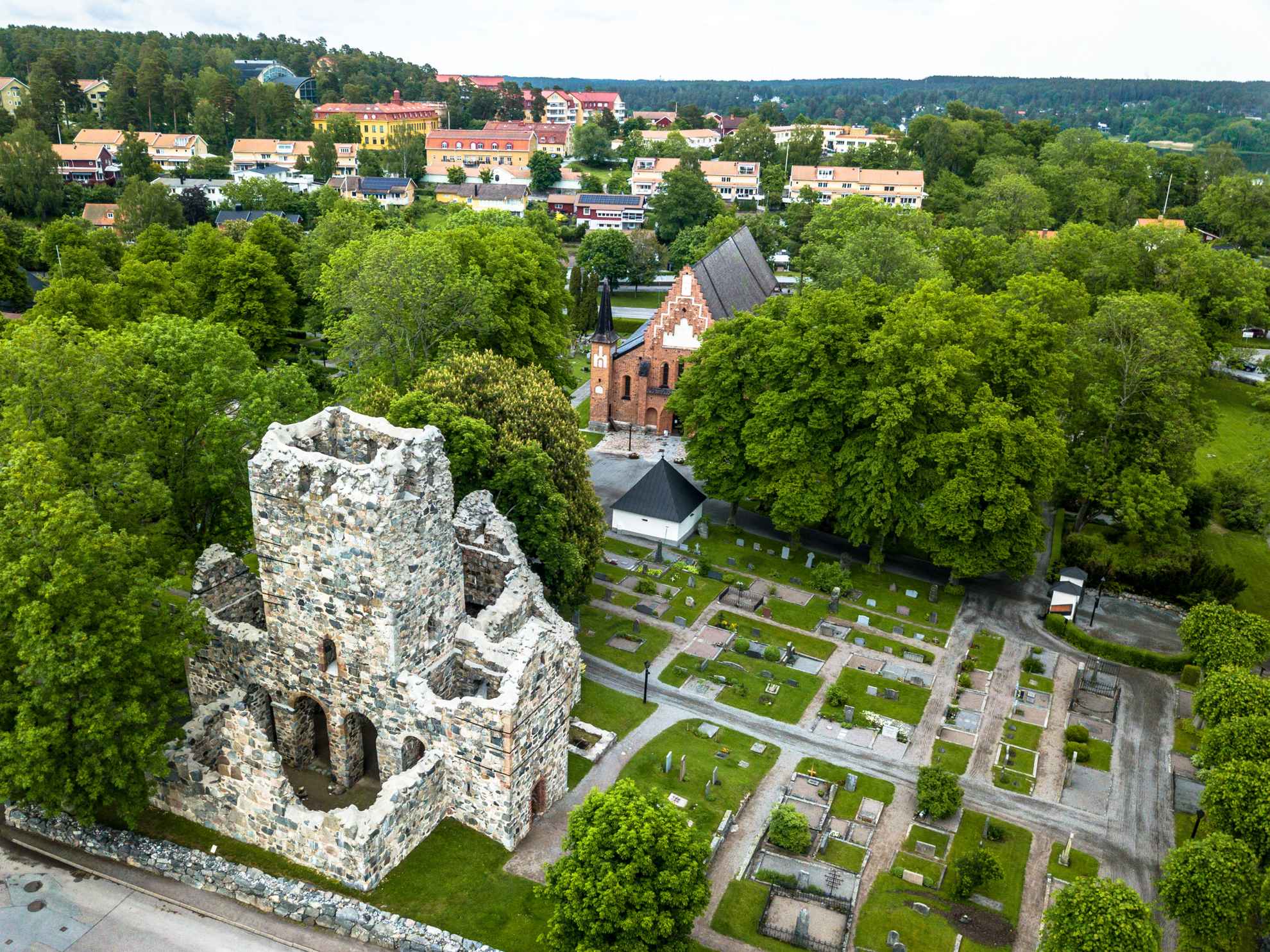 Aerial view over the ruins of St. Olof Church and St. Mary's Church in Sigtuna.