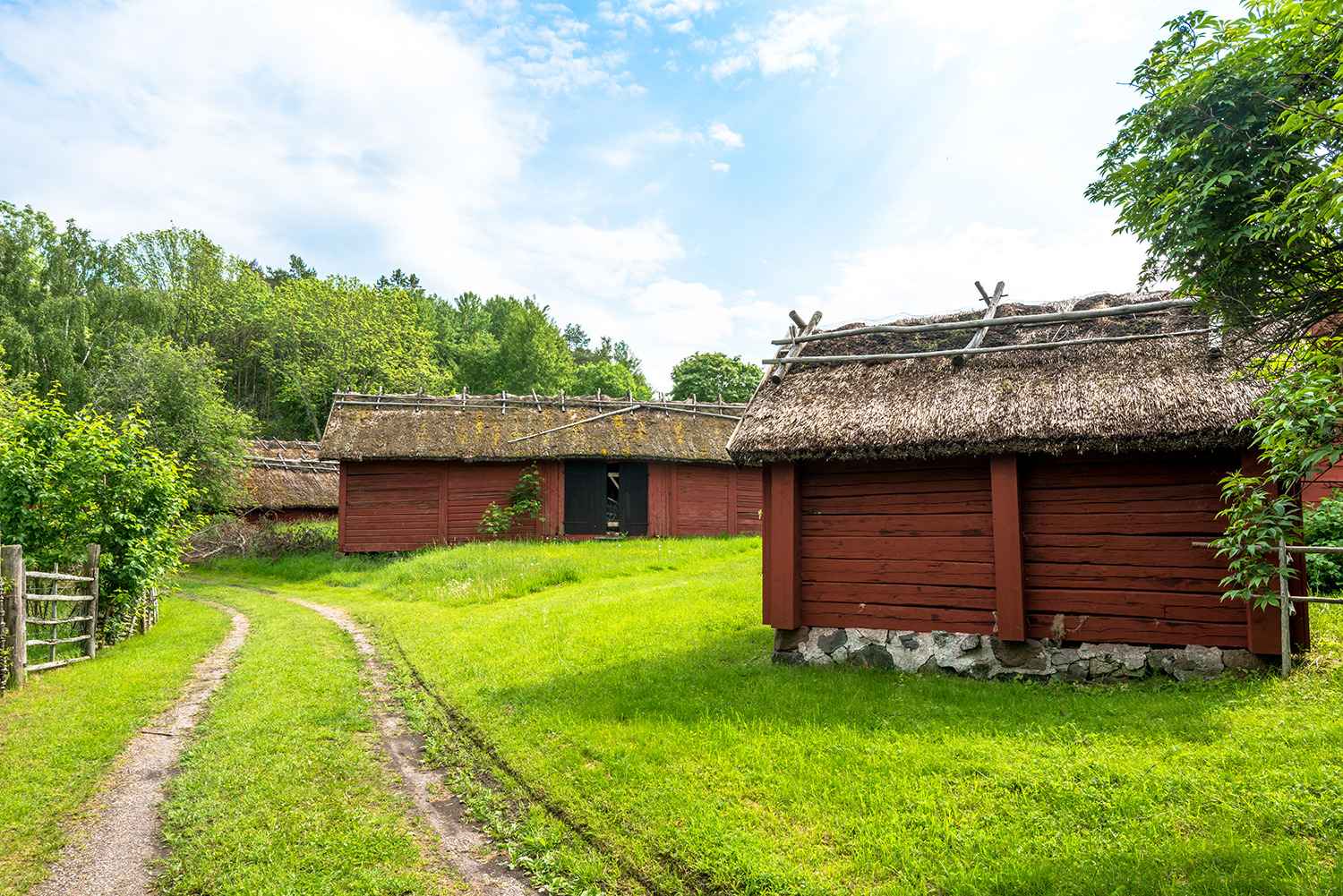 Red wooden houses with stone foundations and thatched roofs, wheel tracks in the grass, and green trees and bushes.