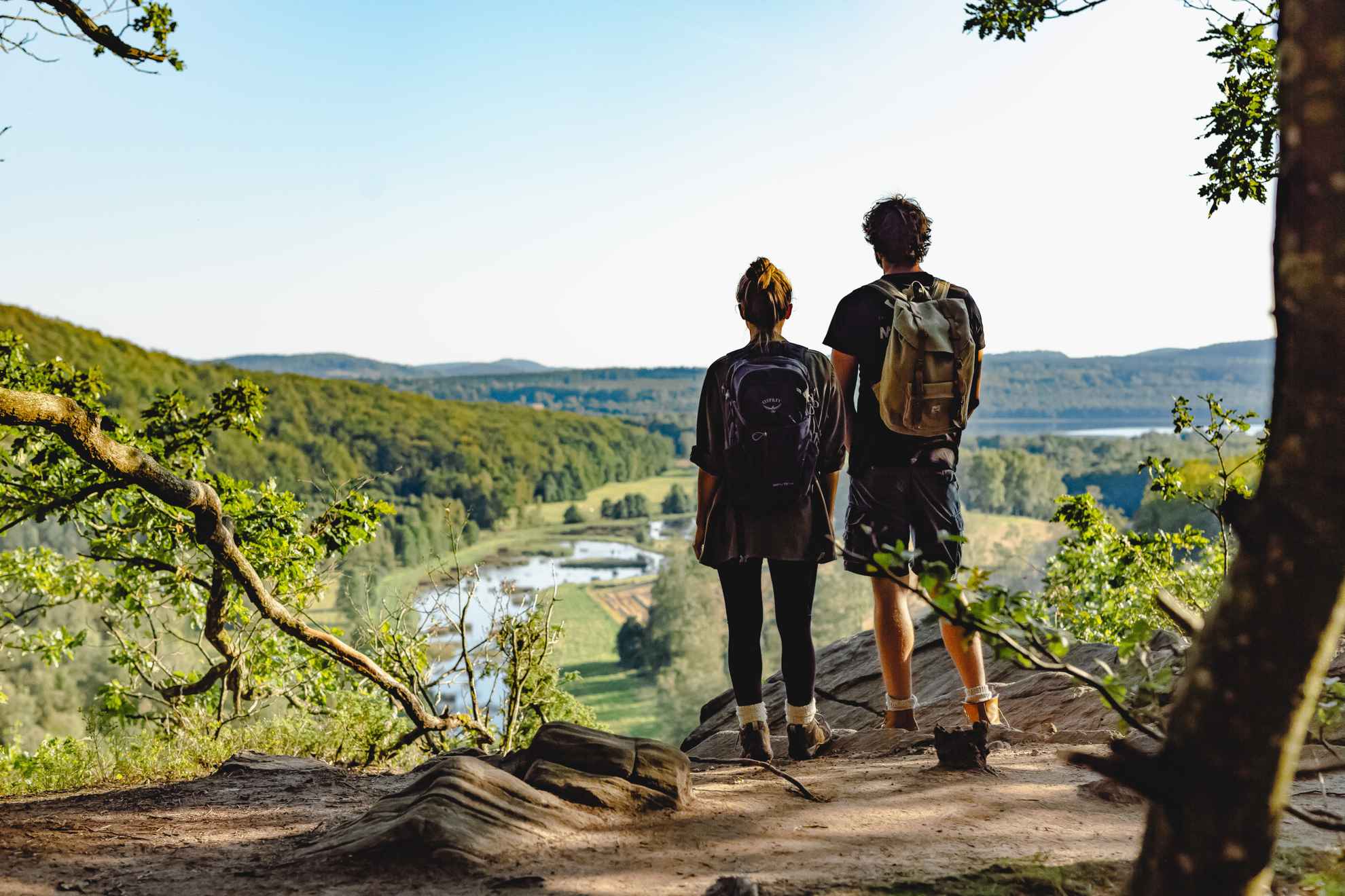 Two hikers standing on a hill, looking out over a green beech forest and a lake.