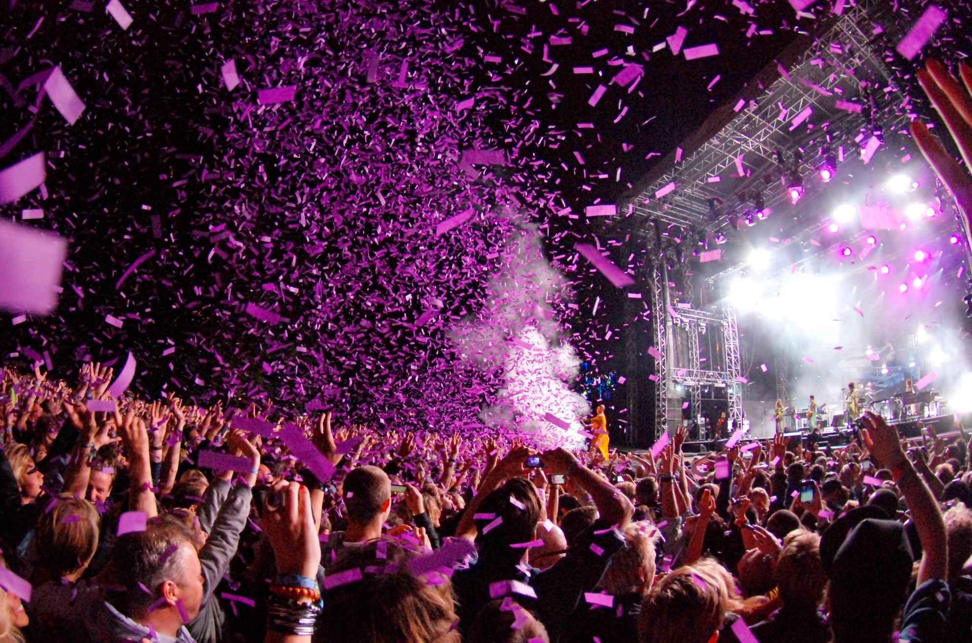 Confetti rains over the audience at a concert during the Way Out West festival in Gothenburg.