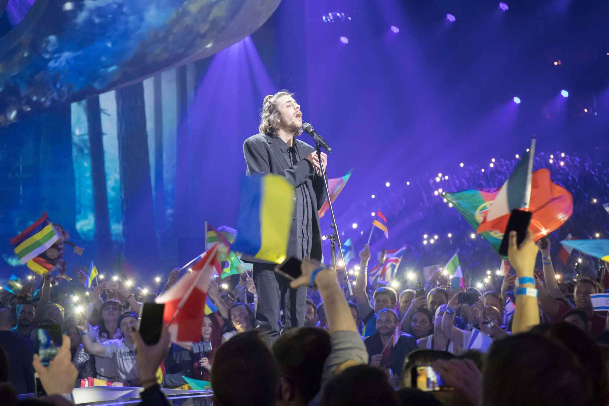 Salvador Sobral, winner of the Eurovision Song Contest 2017, performing on stage