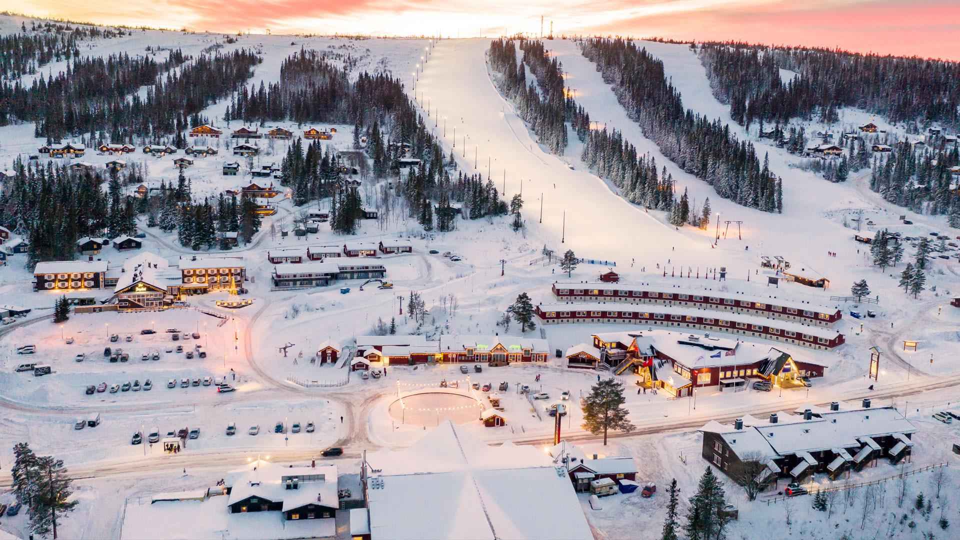An aerial view of a ski resort during winter.
