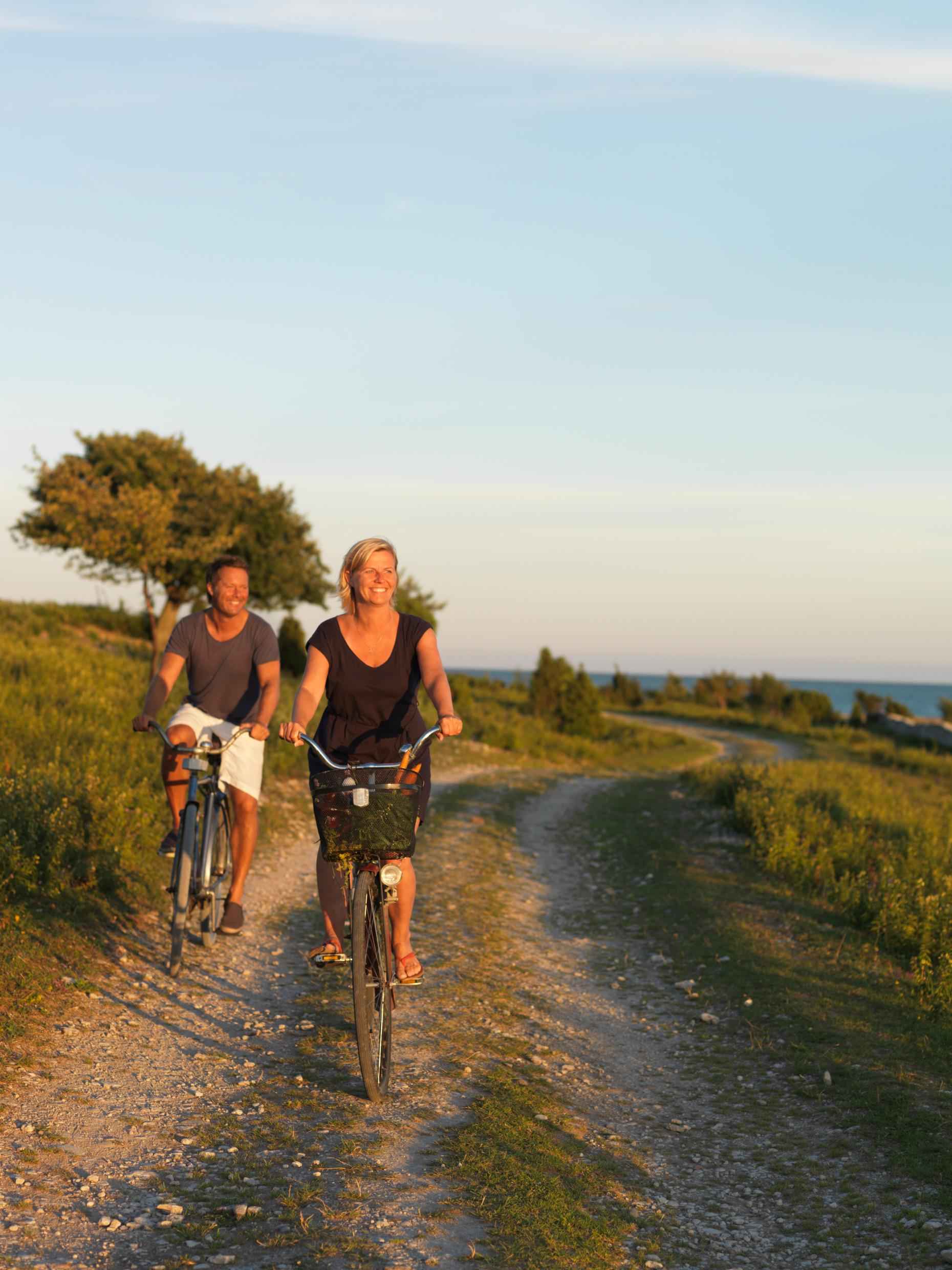 A woman and a man are biking on a gravel path along the coast of Fårö Island.