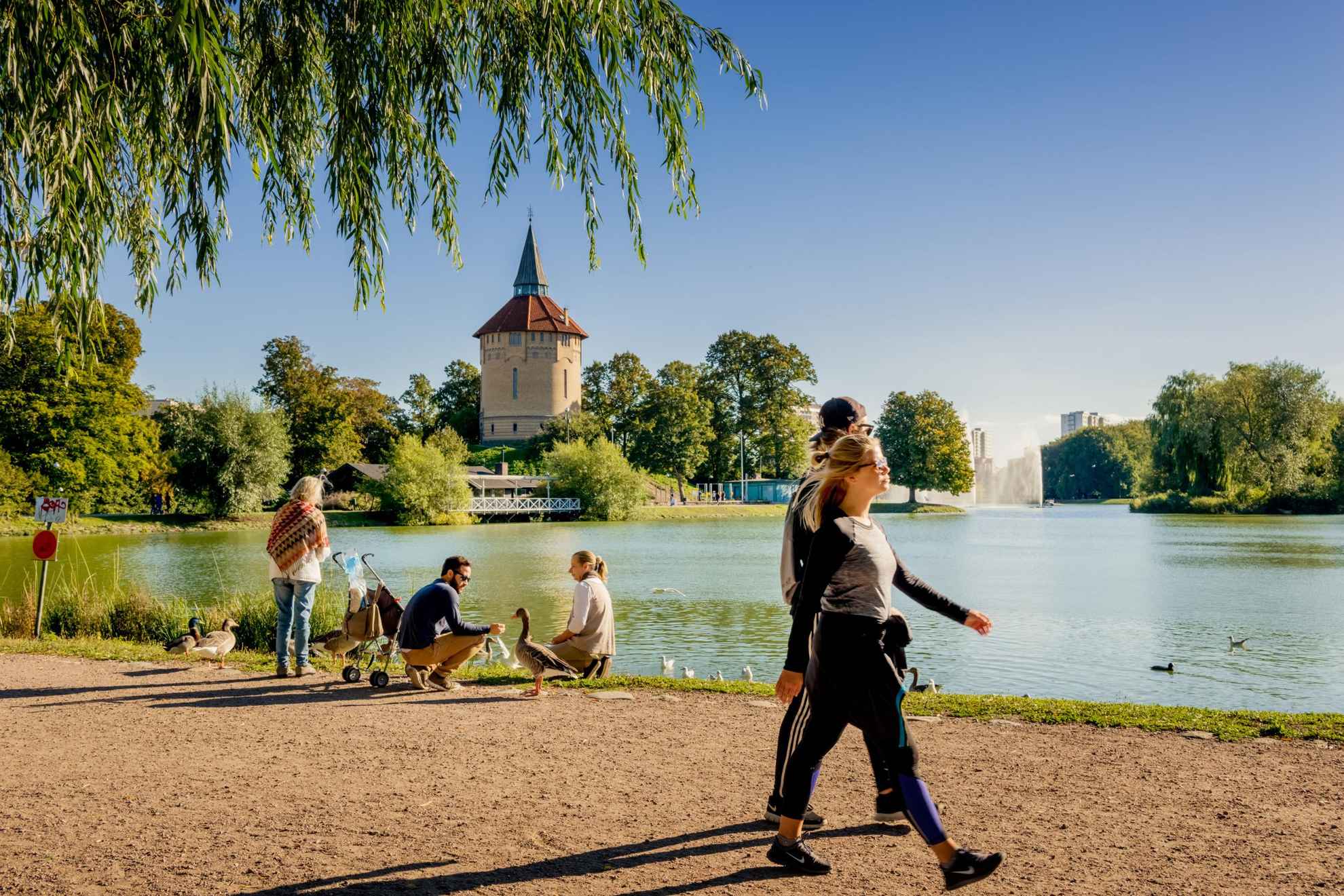 People walking on a pathway in a park. There are lush greenery and a lake behind them.