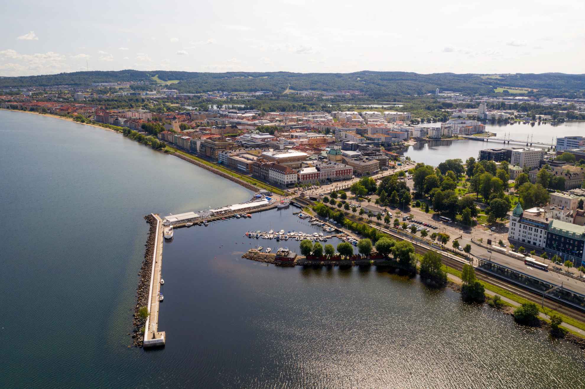 Aerial view of the city of Jönköping with the long pier leading into Lake Vättern.