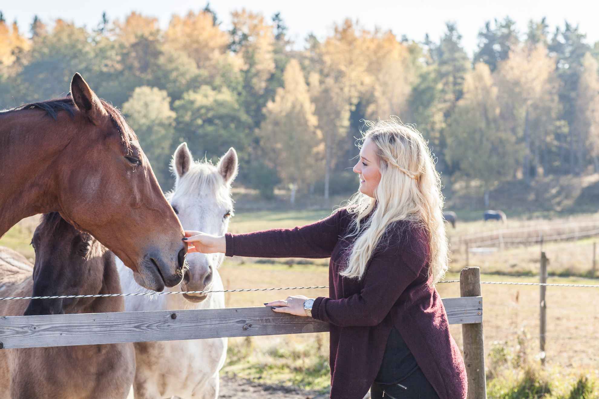 A blond woman petting a brown horse.