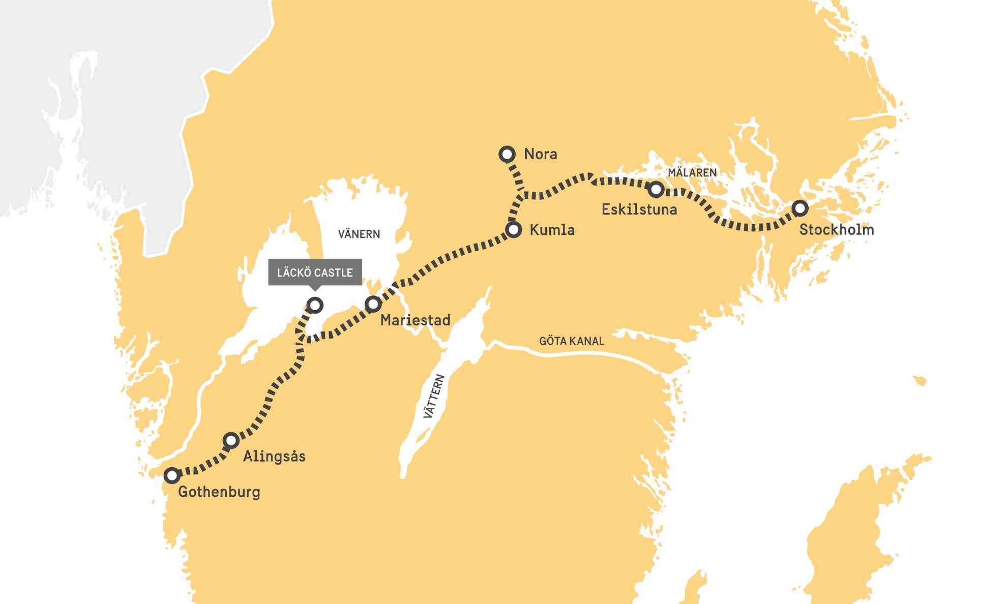 Illustration of a route between Gothenburg and Stockholm.