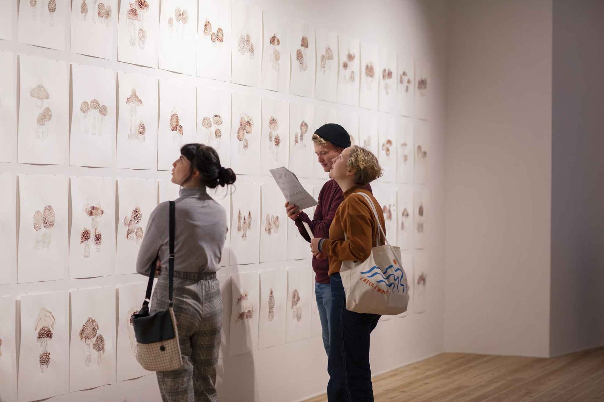 A man and two women are looking at several paintings of mushrooms on a wall at a museum.