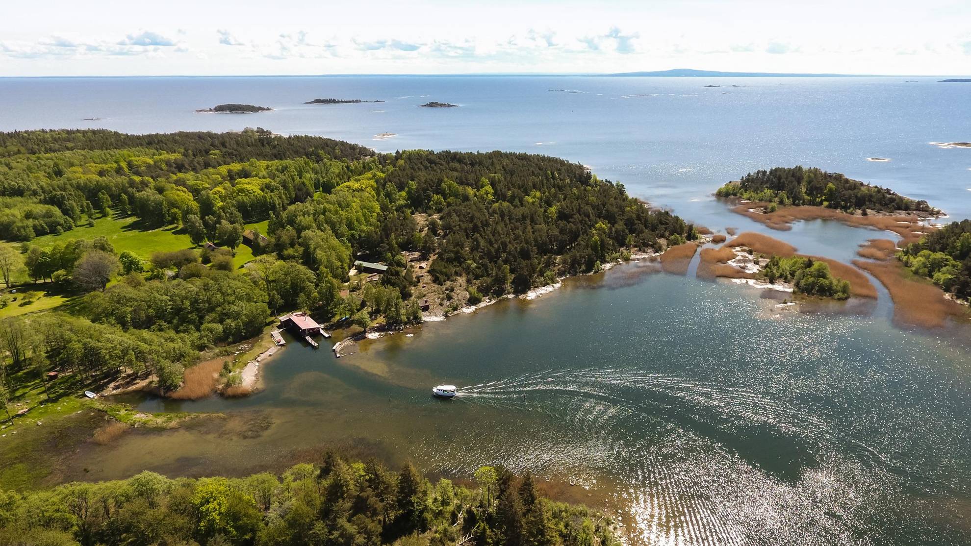 An aerial view of a archipelago in the lake Vänern during summer.
