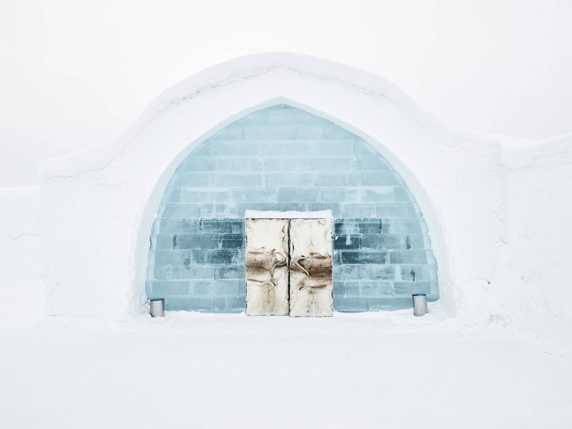 The entrance to the icehotel made of ice, packed snow , reindeer pelt and antlers.