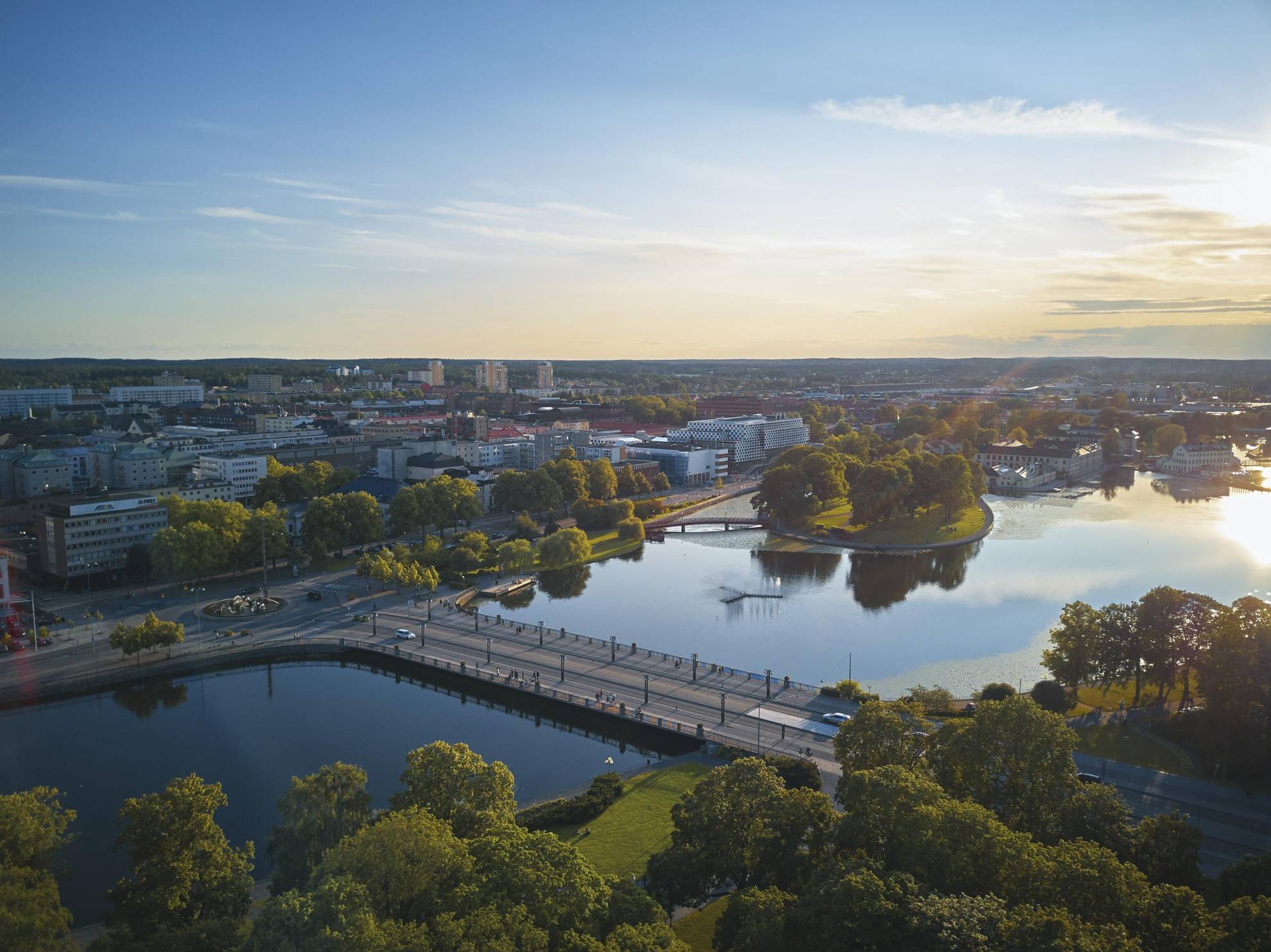 Aerial view of Eskilstuna city. A bridge crosses the river Eskilstunaån to the city centre.