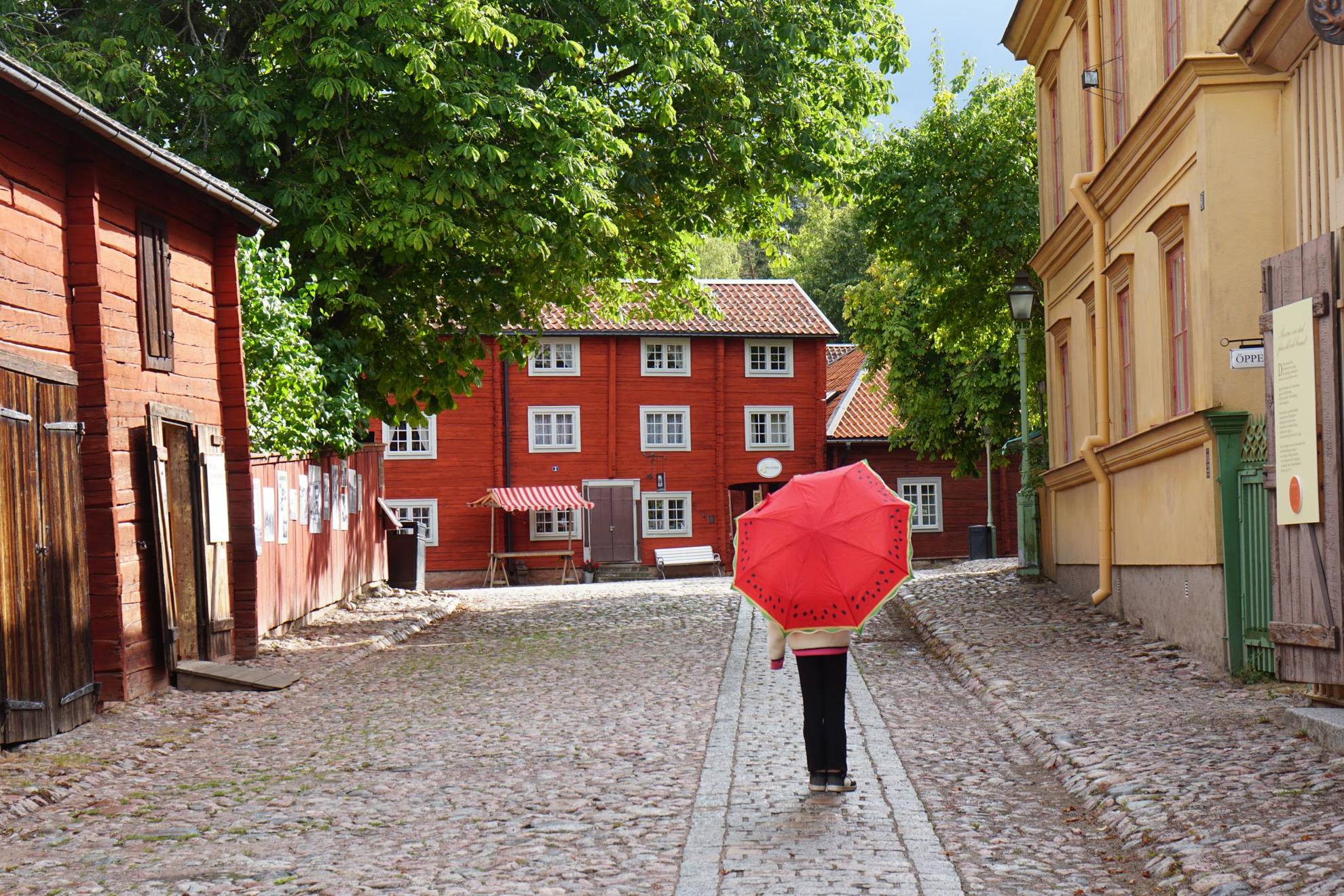 A person is walking with a red umbrella on a cobbled path between old houses