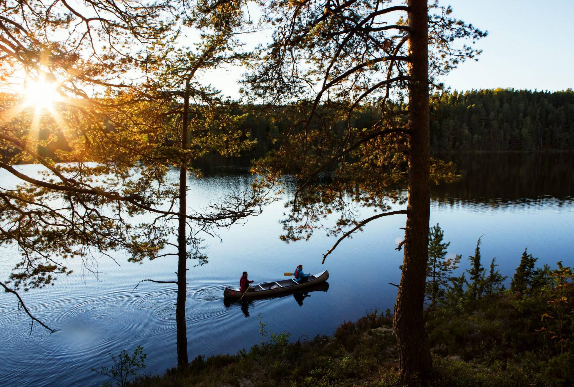 A canoe with two people on a calm lake surrounded by forest, with the sun setting between the trees.