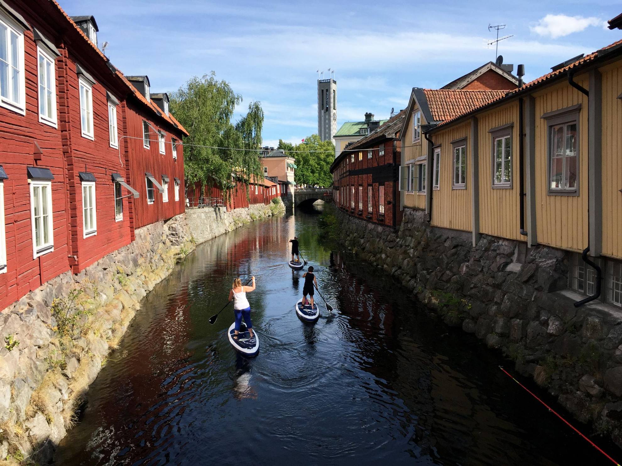 Three people paddle on stand up paddle boards in a canal with houses on each side.