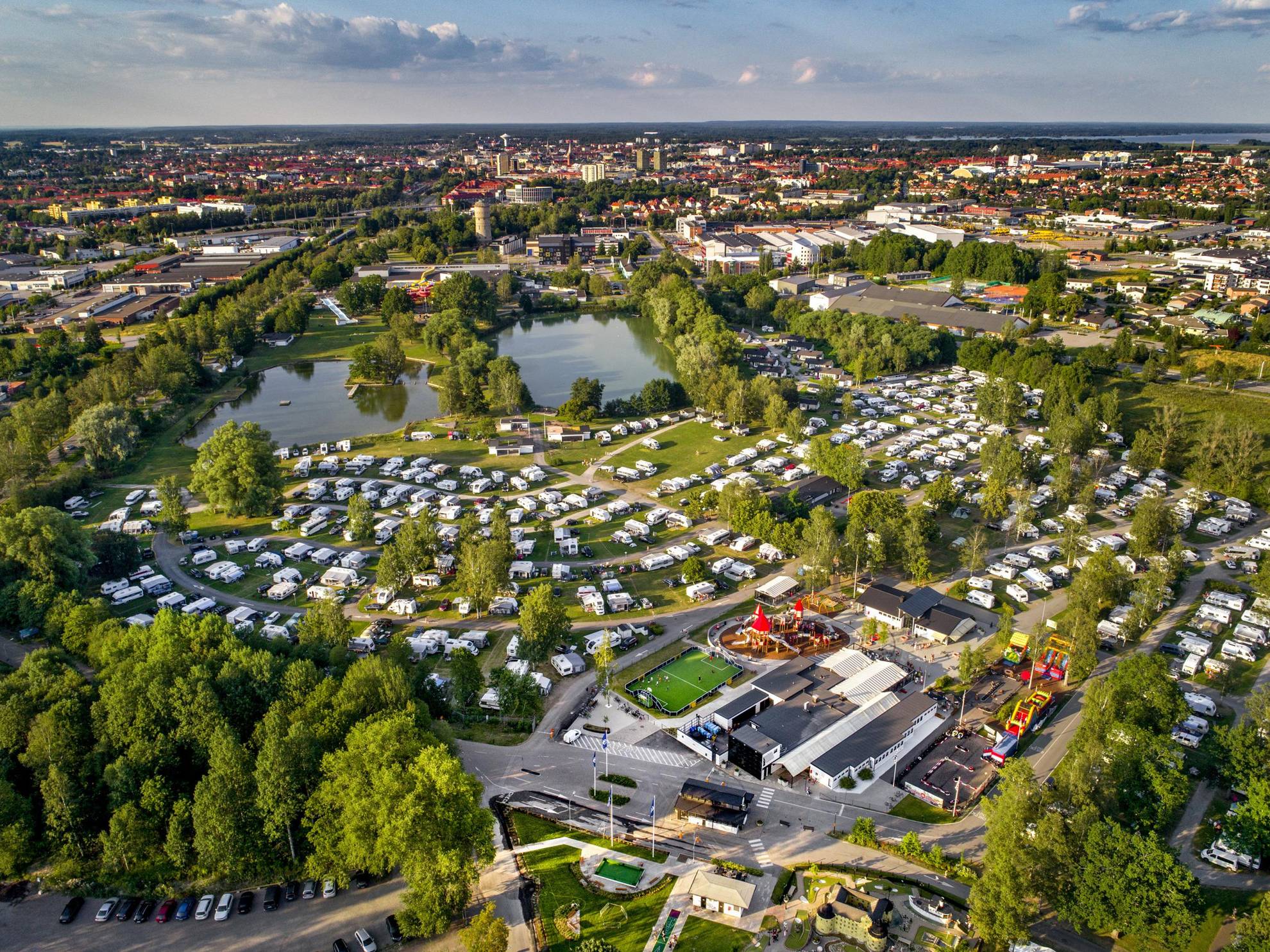An aerial view of Gustavsvik camping during the summer.