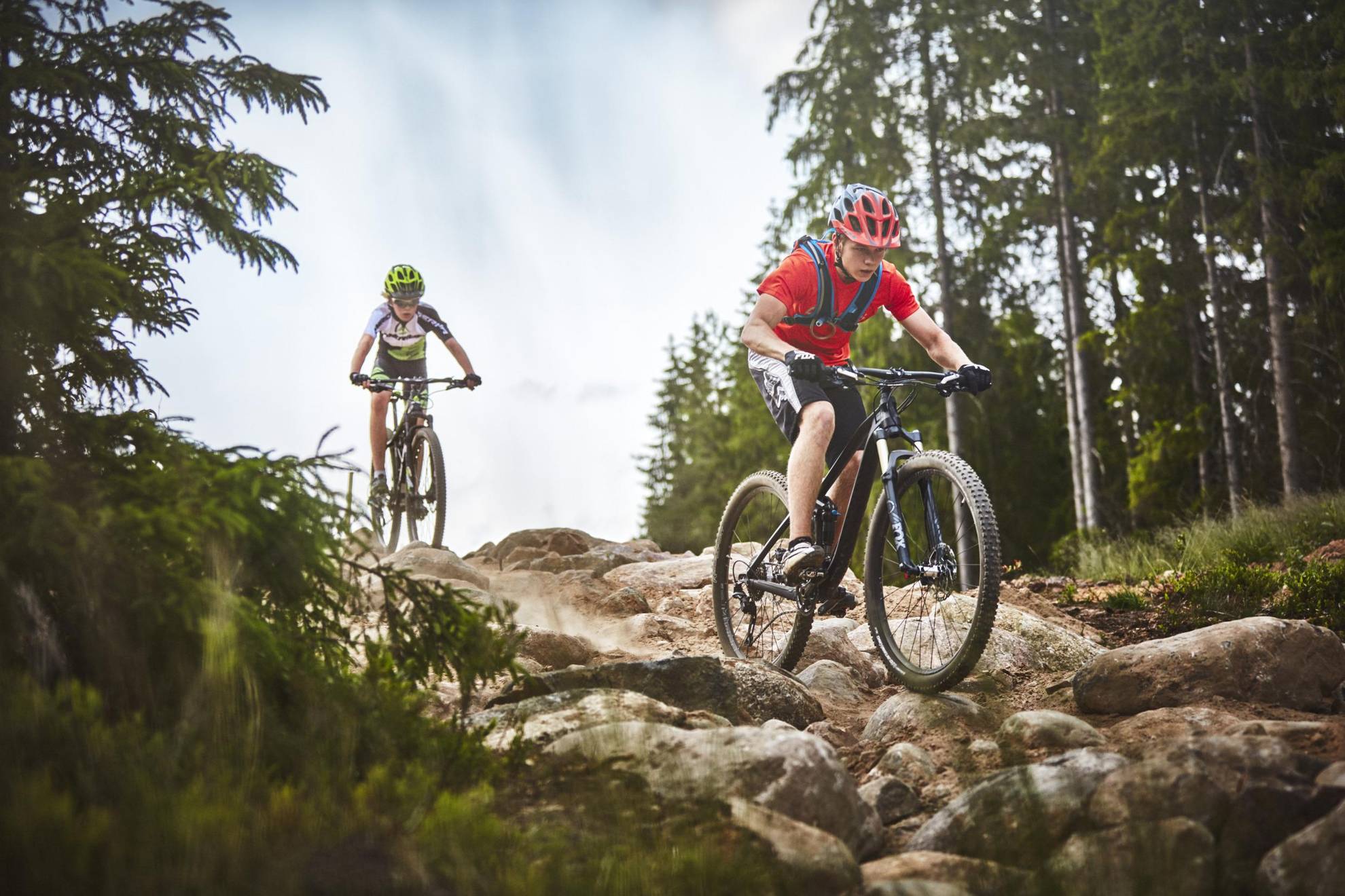 Two boys riding mountain bikes at at Isaberg Mountain Resort, Småland