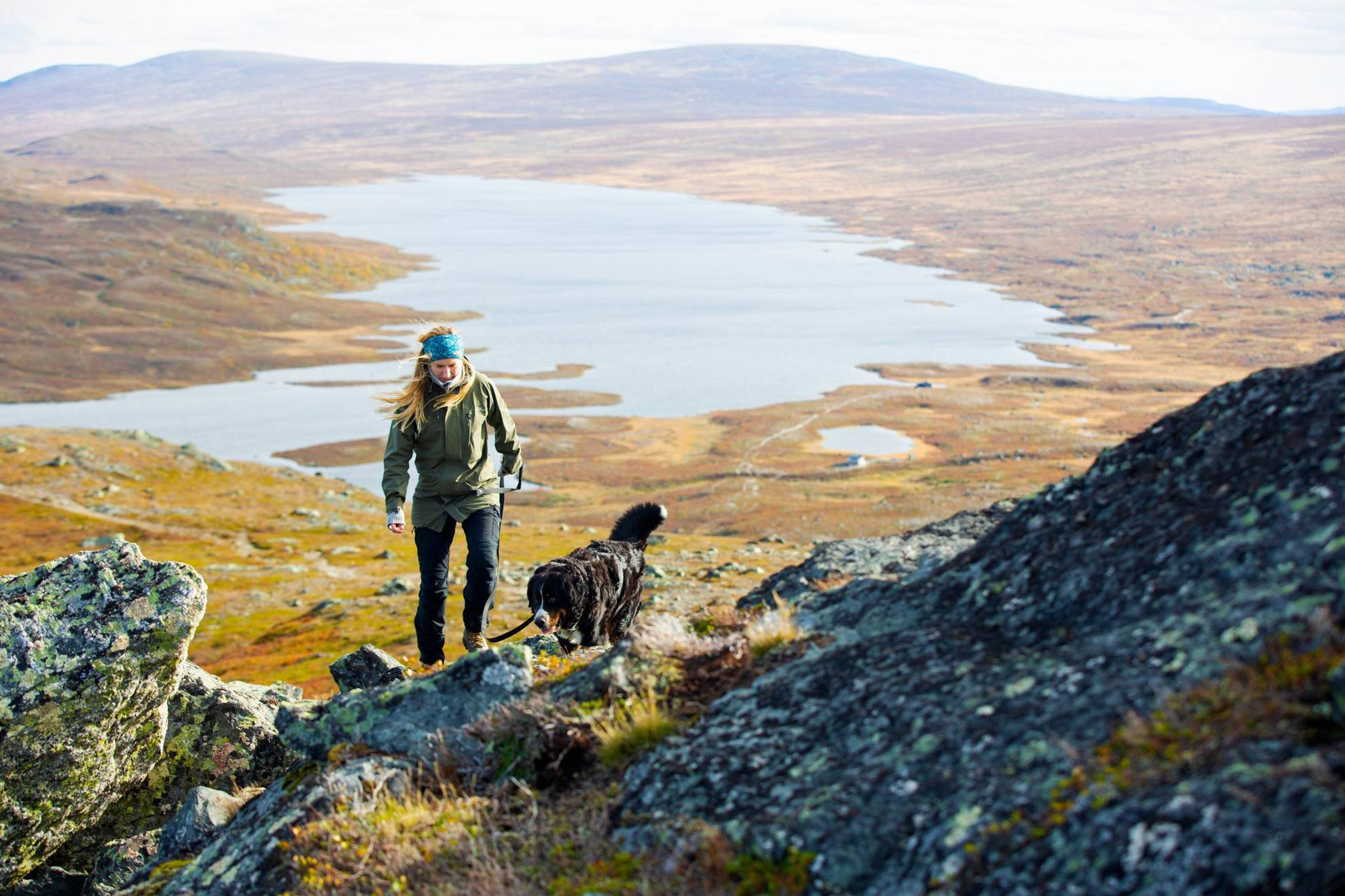 Women hiking with a dog in nature