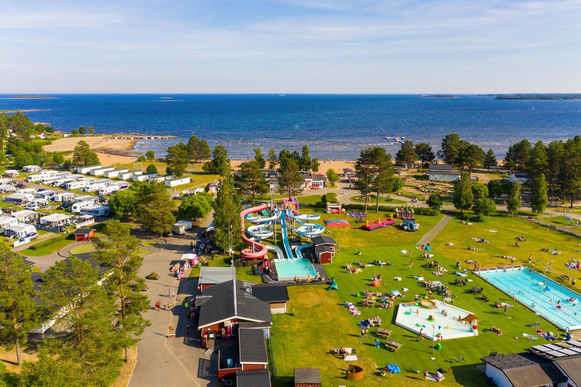 An aerial view of Byske Camping during the summer.