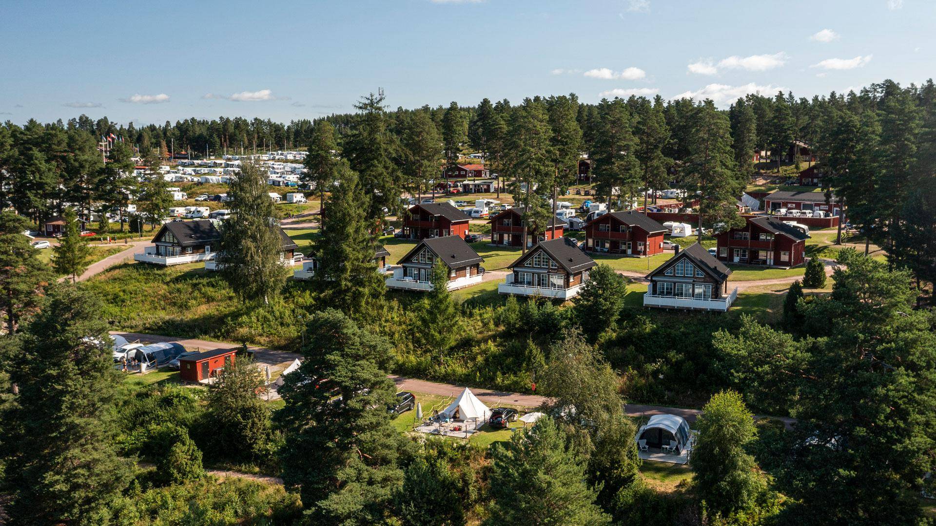 An aerial view of Leksand Strand resort during the summer.