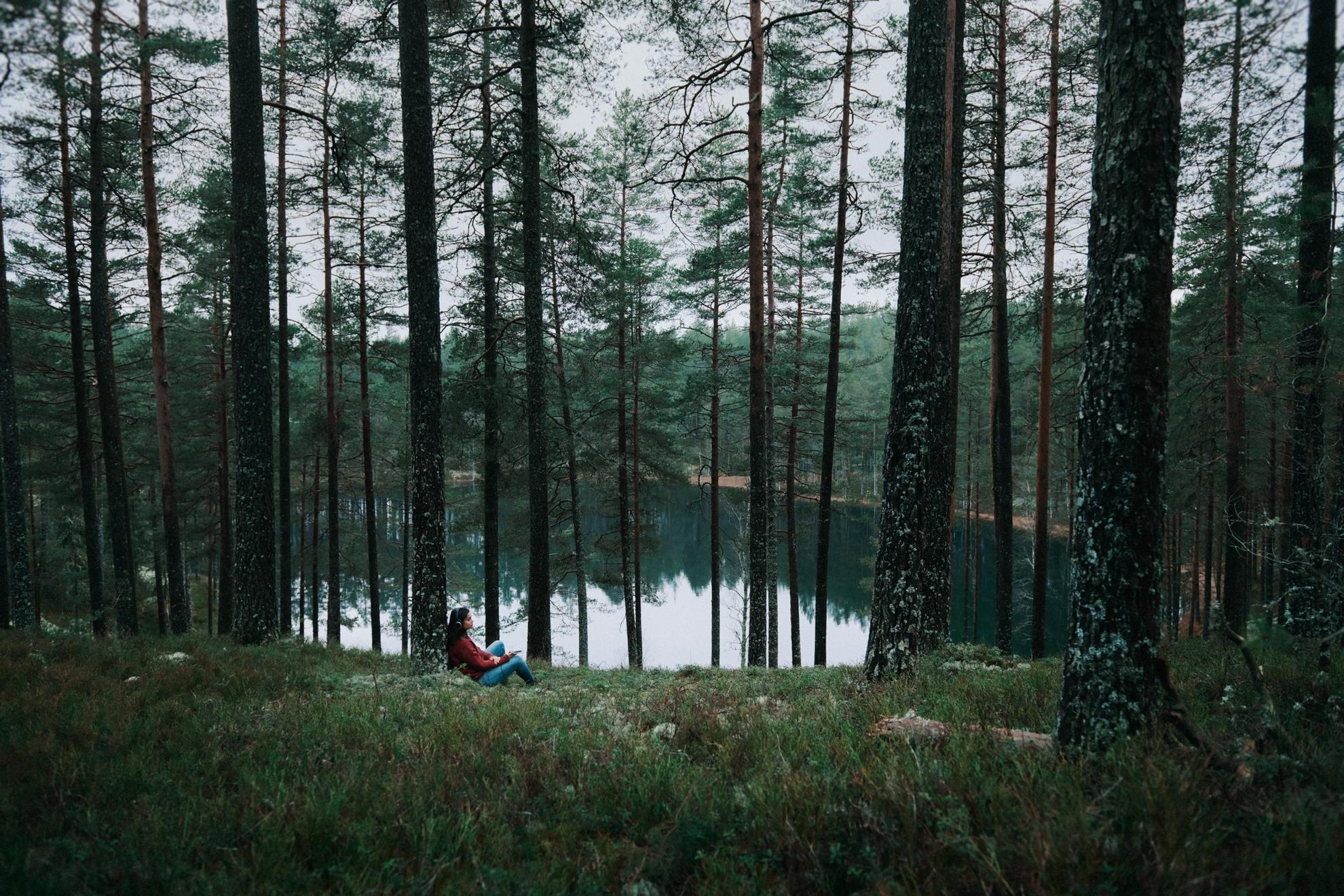 A woman wearing headphones rests against a pine tree next to a lake. The weather is gloomy.