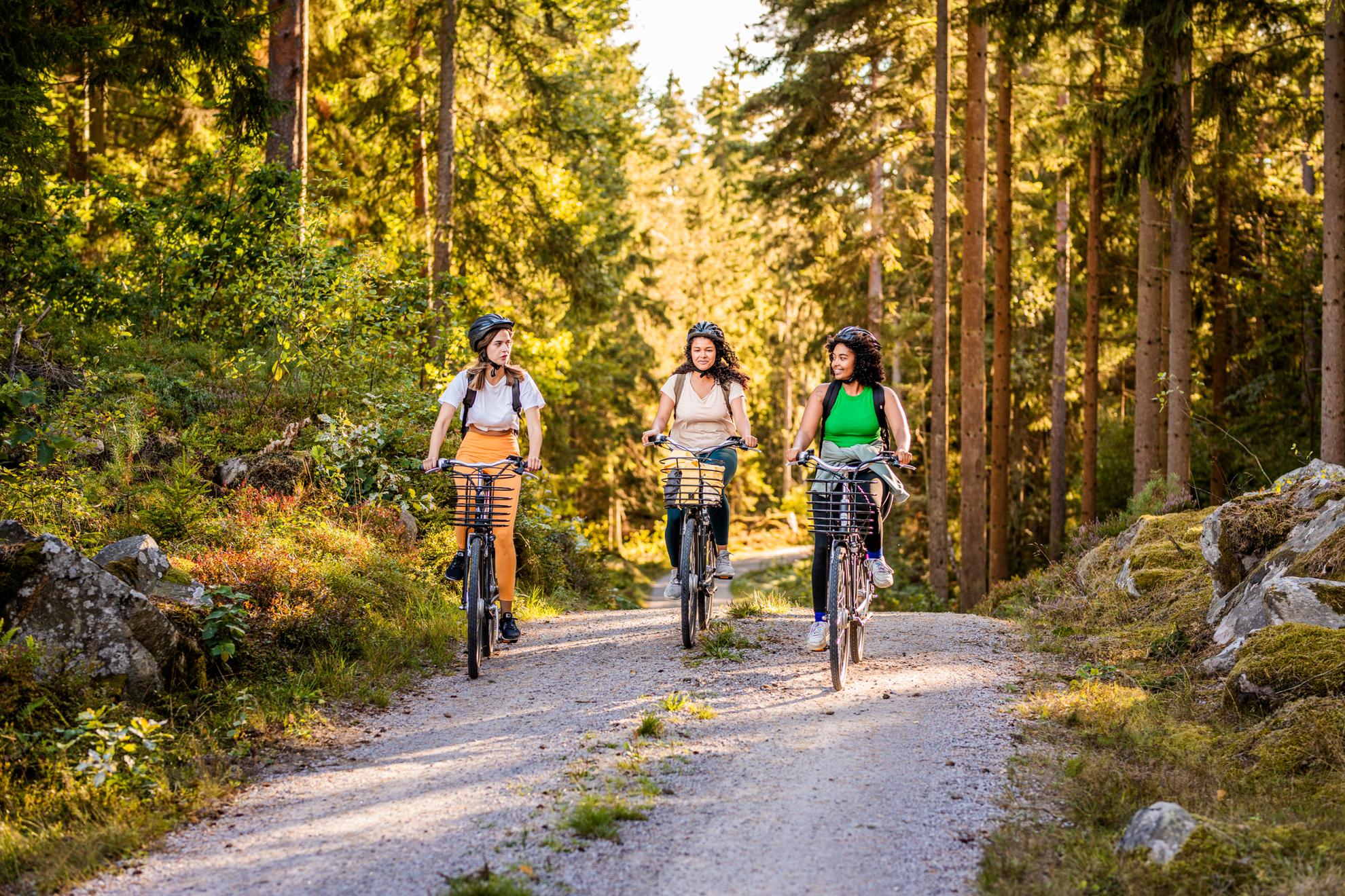 Three young women wearing helmets biking through the forest on a gravel road.
