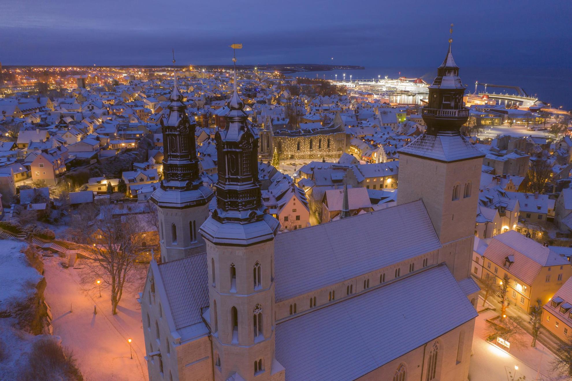 An aerial view of a church in Visby during winter.