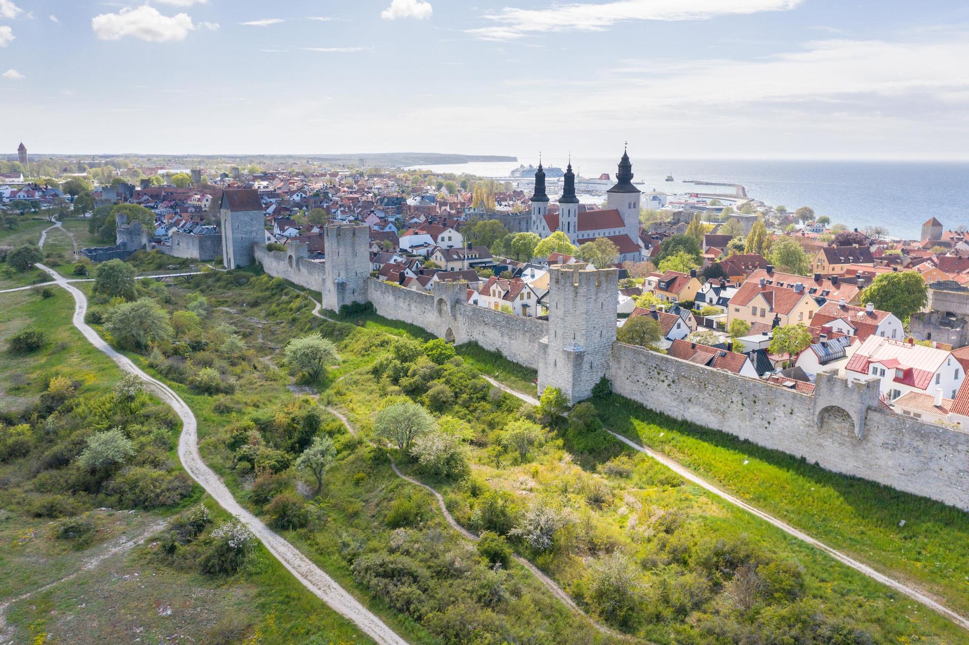 An aerial view of Visby town during the summer.