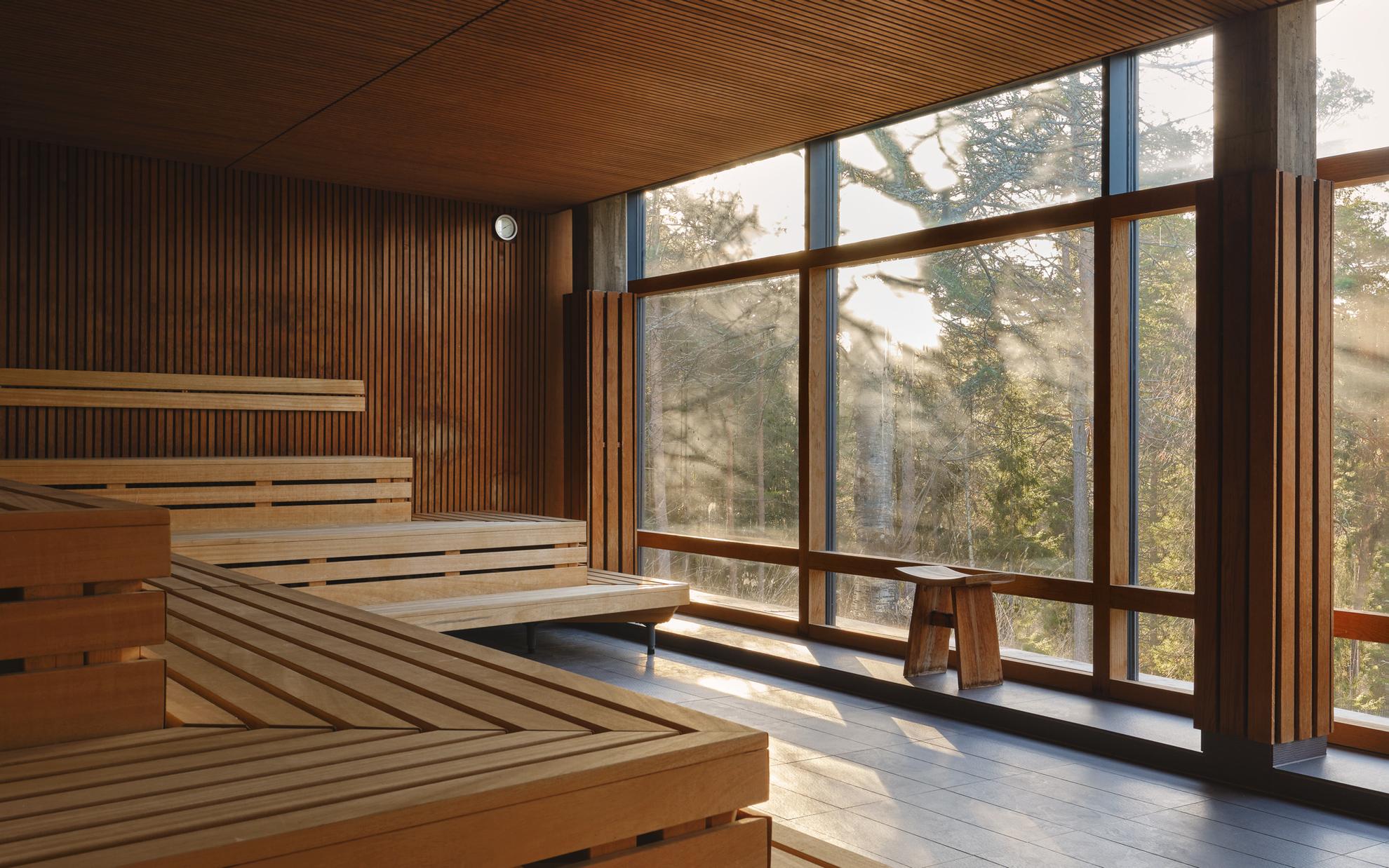 A wooden dry sauna with large panoramic windows facing the forest.
