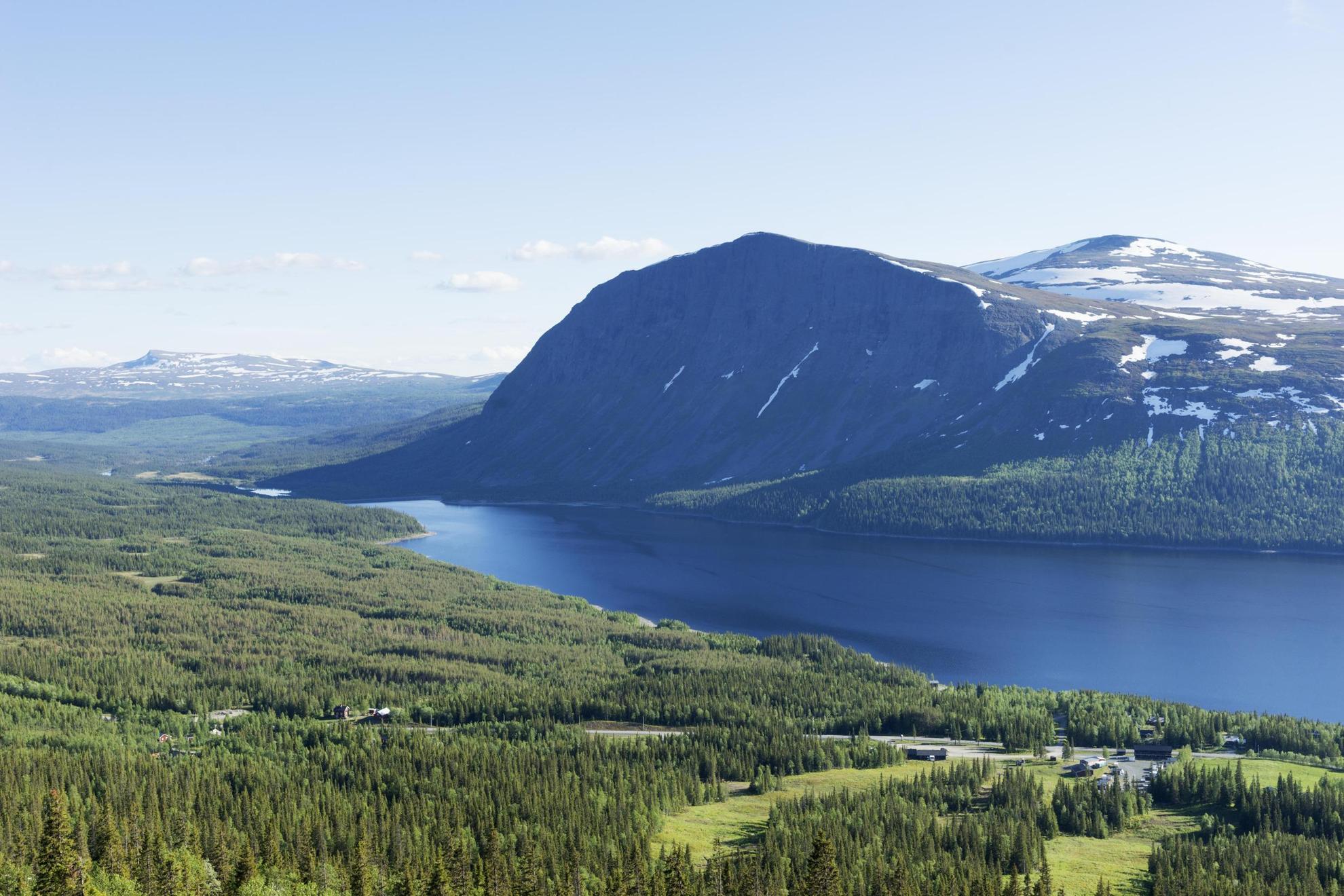 A scenic view of a forest, a river and a mountain that is part of Västerbotten's nature.