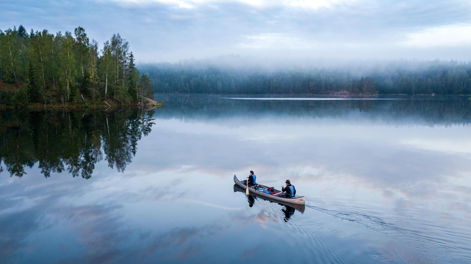 Two people are canoeing on a calm lake surrounded by forest. The fog is above the tree tops in the background.
