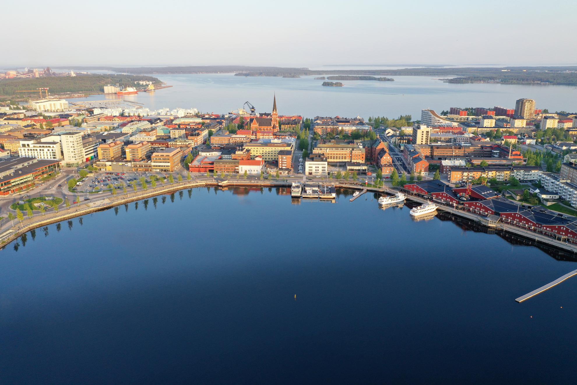 Aerial view over Luleås northern harbour in sunny weather.