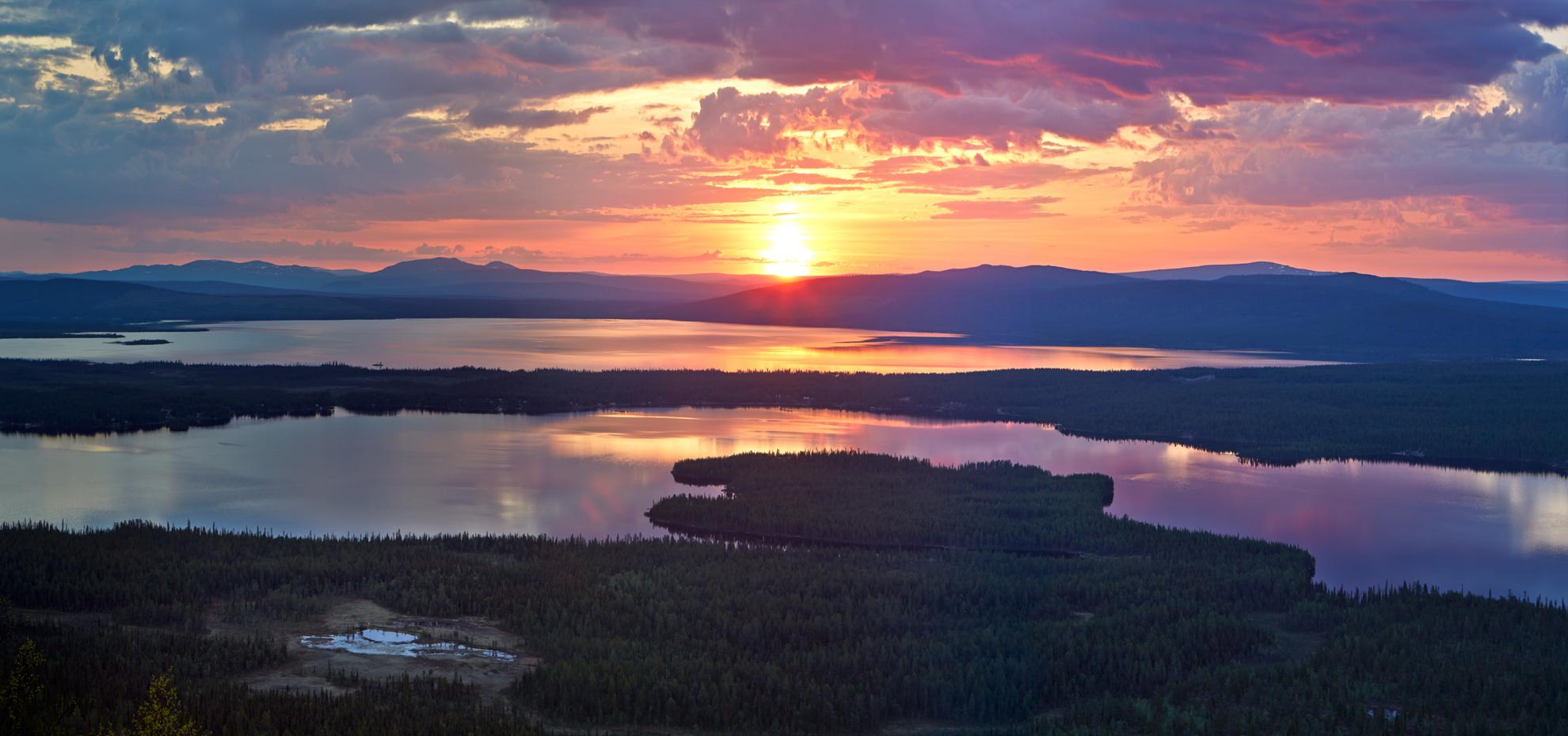 View over Torne river, Swedish Lapland during midnight sun