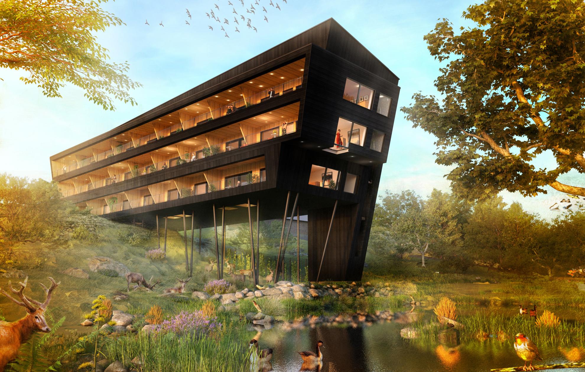 A rendered image of Eriksberg Hotel & Nature Reserve's new hotel building Arken.