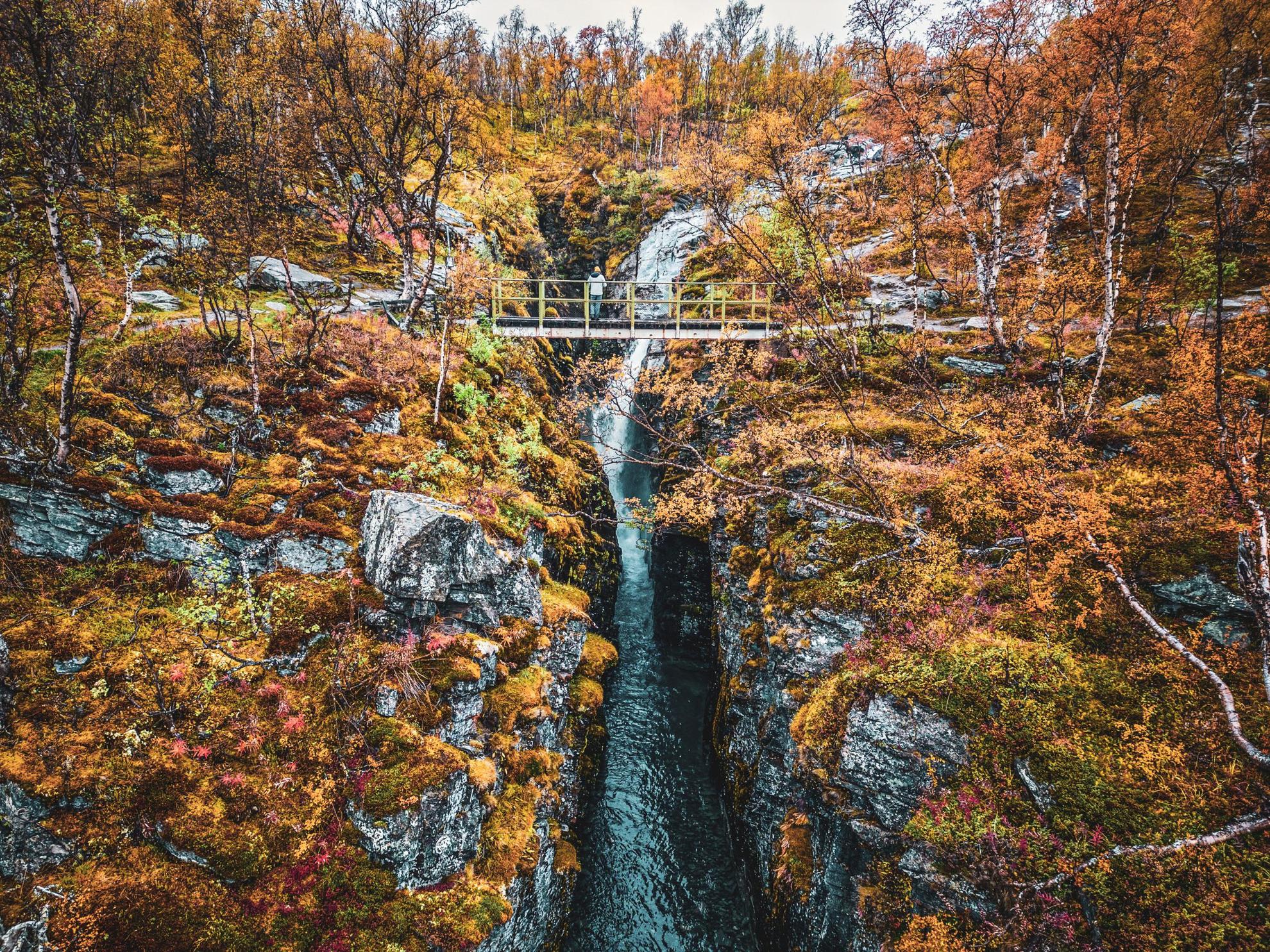 A person stands on a small bridge and looks at a waterfall during autumn.