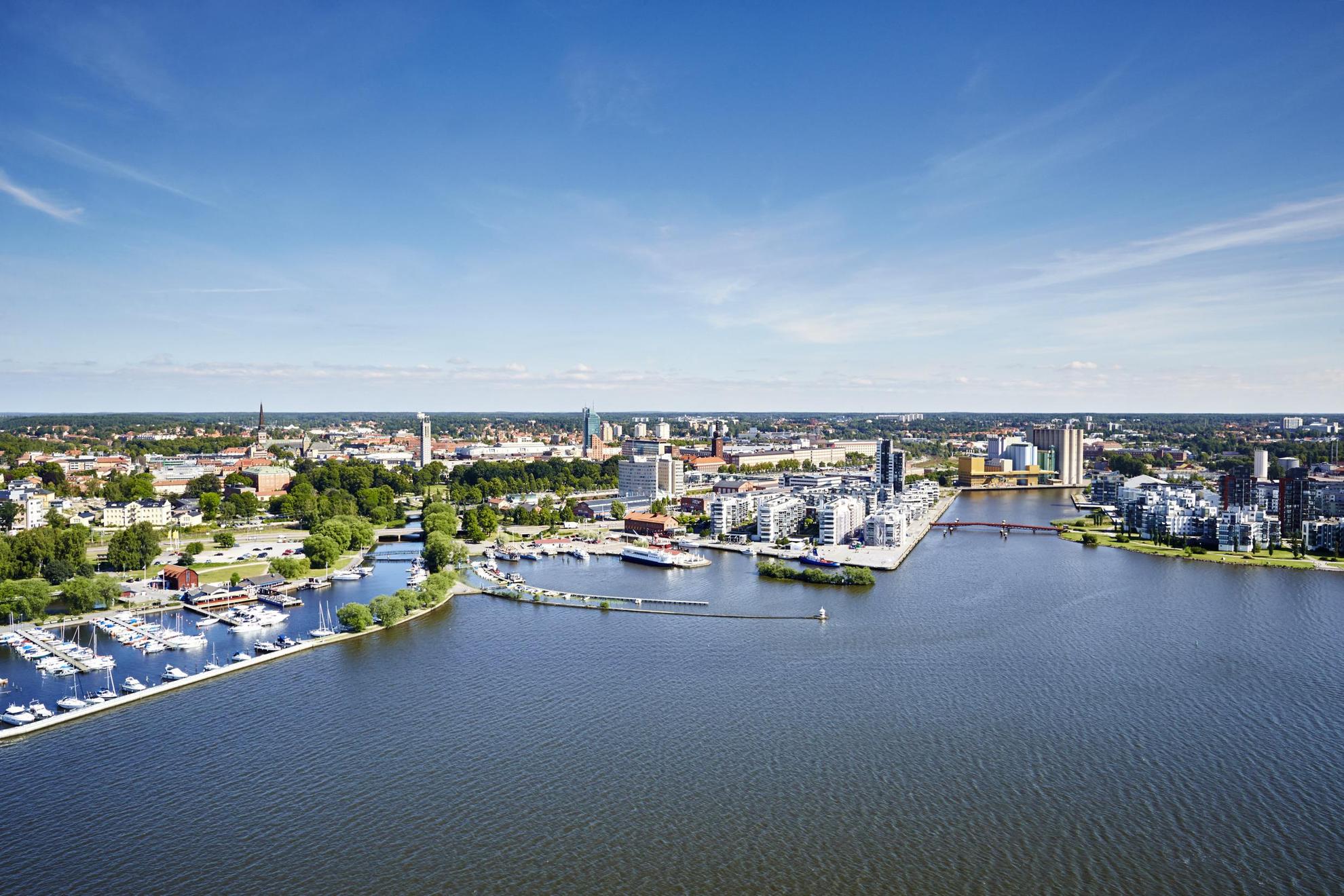 An aerial image of Västerås during summer next to the water.