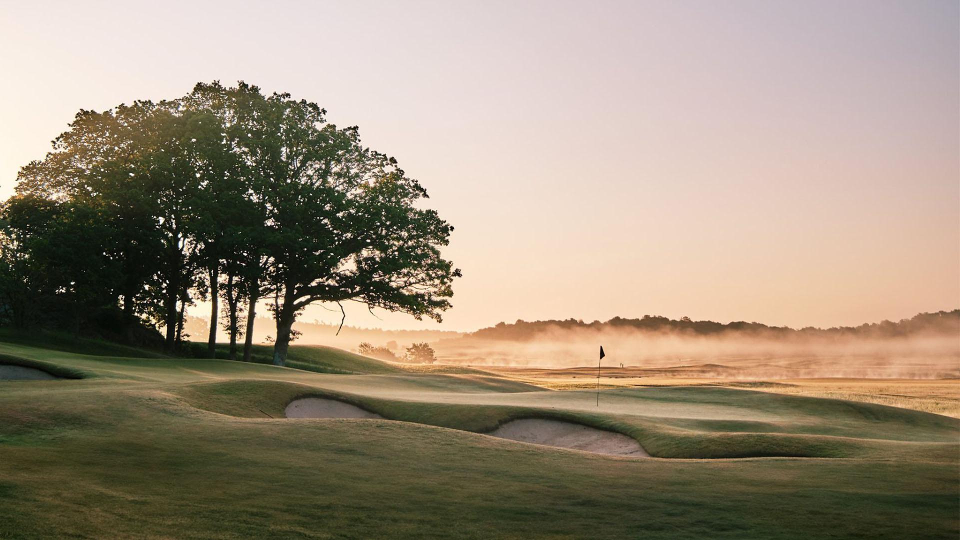 Golf course during a misty morning with a fairway, bunker, putting green, and also some trees.